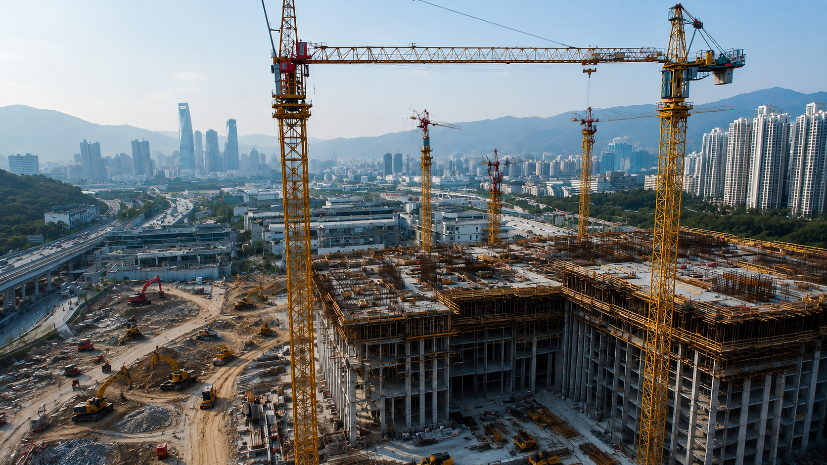 Construction site with multiple yellow cranes and a building under construction in an urban area with high-rise buildings and mountains in the background.