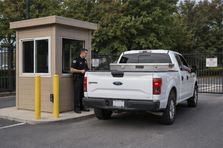 A security guard standing near a white Ford pickup truck at a gated entrance, with a small guard booth and trees in the background.