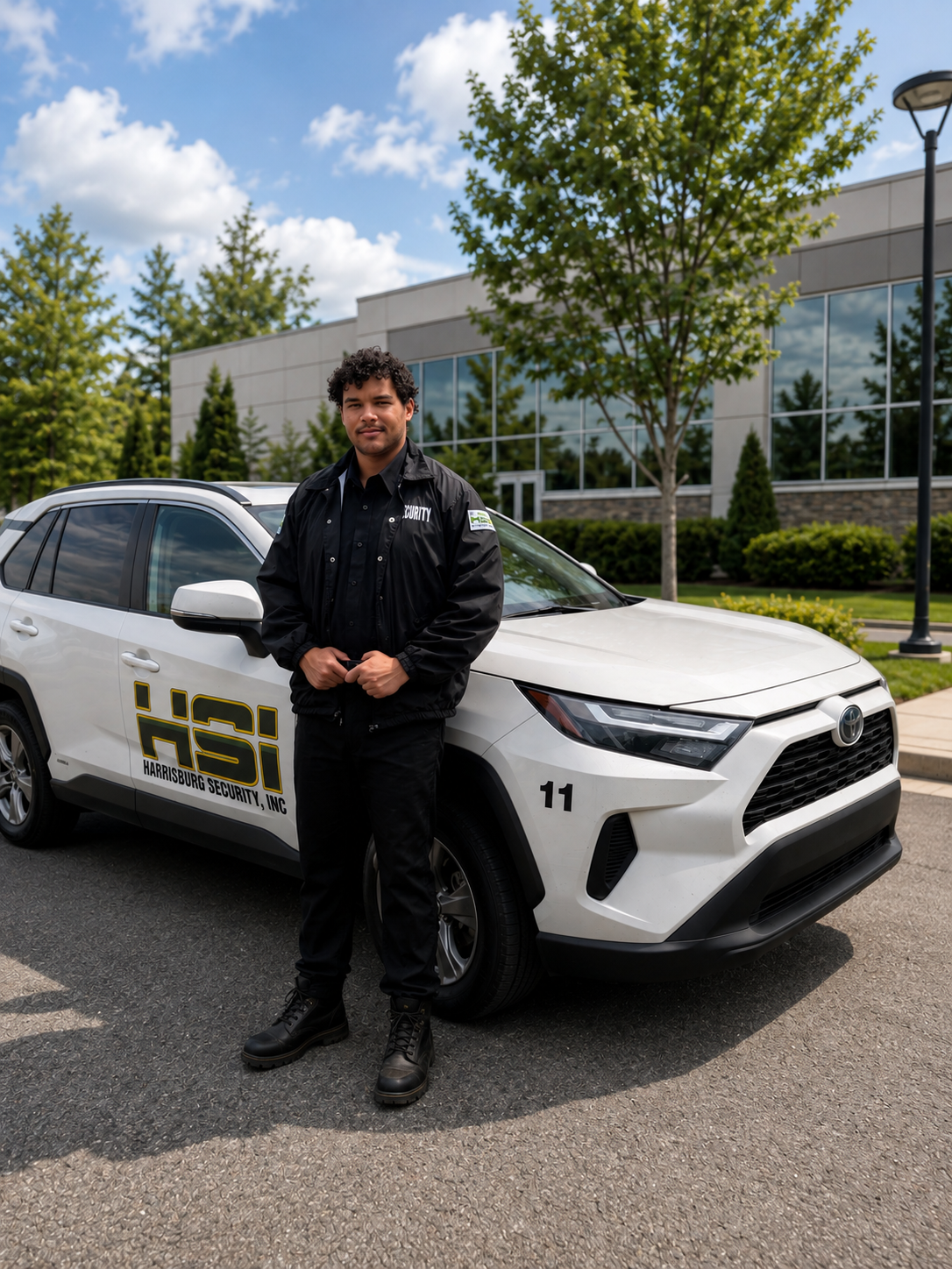 A security guard standing in front of a Harrisburg Security, Inc. vehicle on a parking lot, with a modern building and green trees in the background.