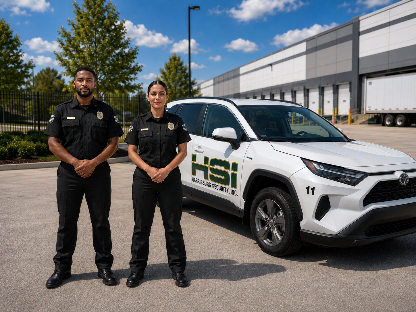 Two security officers standing in front of a security vehicle outside a warehouse under a blue sky with some clouds.