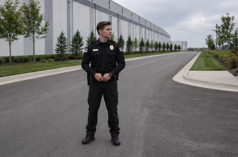 A police officer stands in the middle of a paved road near a large industrial or warehouse building, with trees and greenery on either side under cloudy skies.