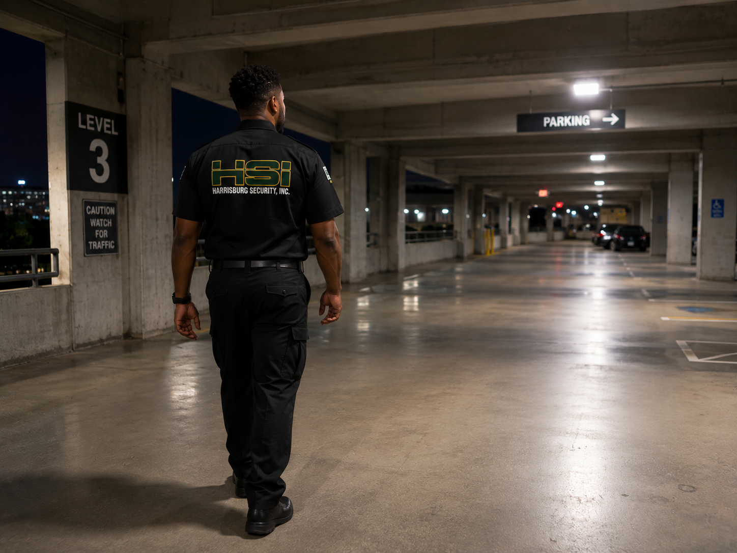 A security guard in black uniform walking through an empty parking garage at night. The guard wears a shirt with