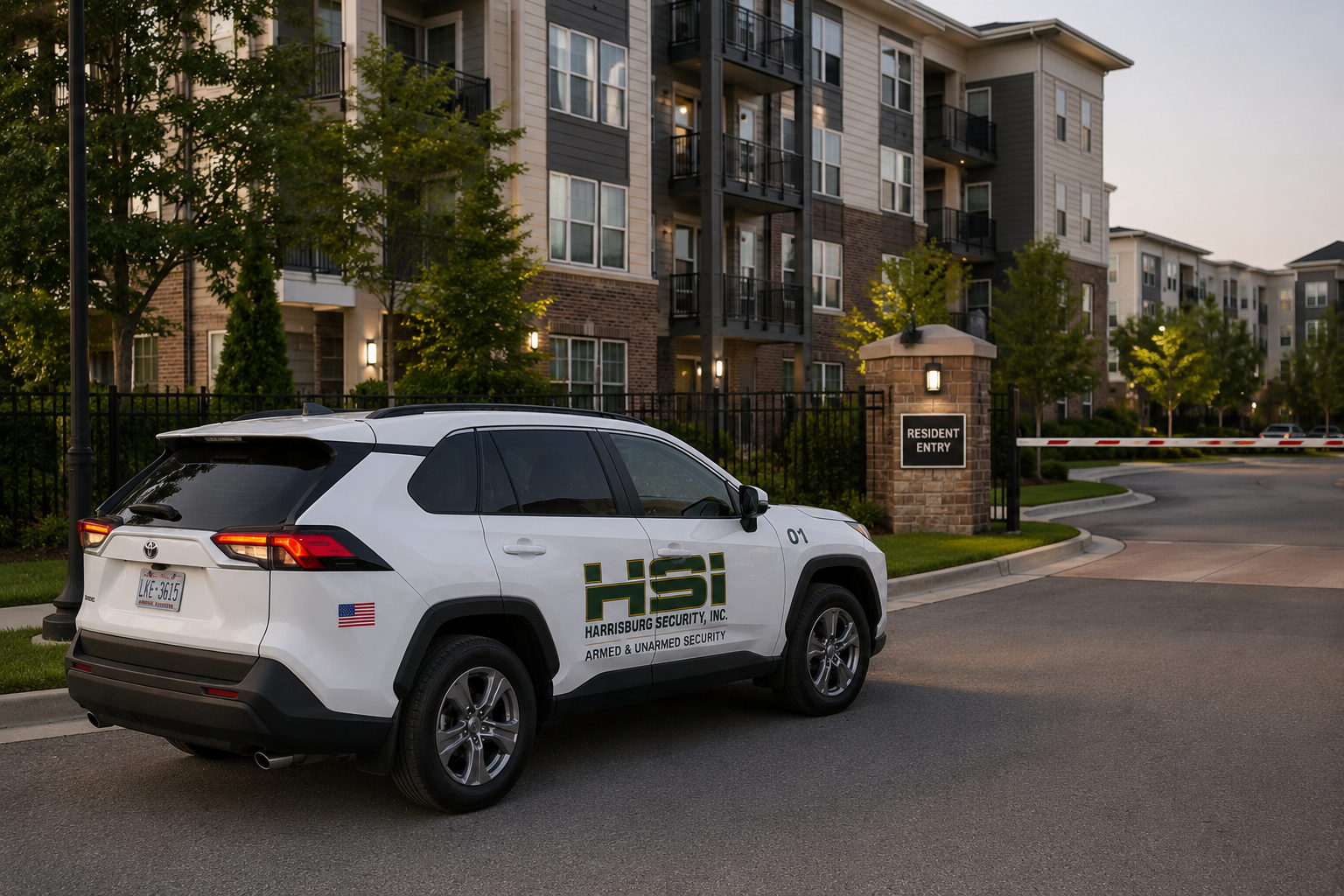 A white Harrisburg Security Inc. vehicle parked near an apartment complex entrance with a sign that reads 'Resident Entry' at dusk.