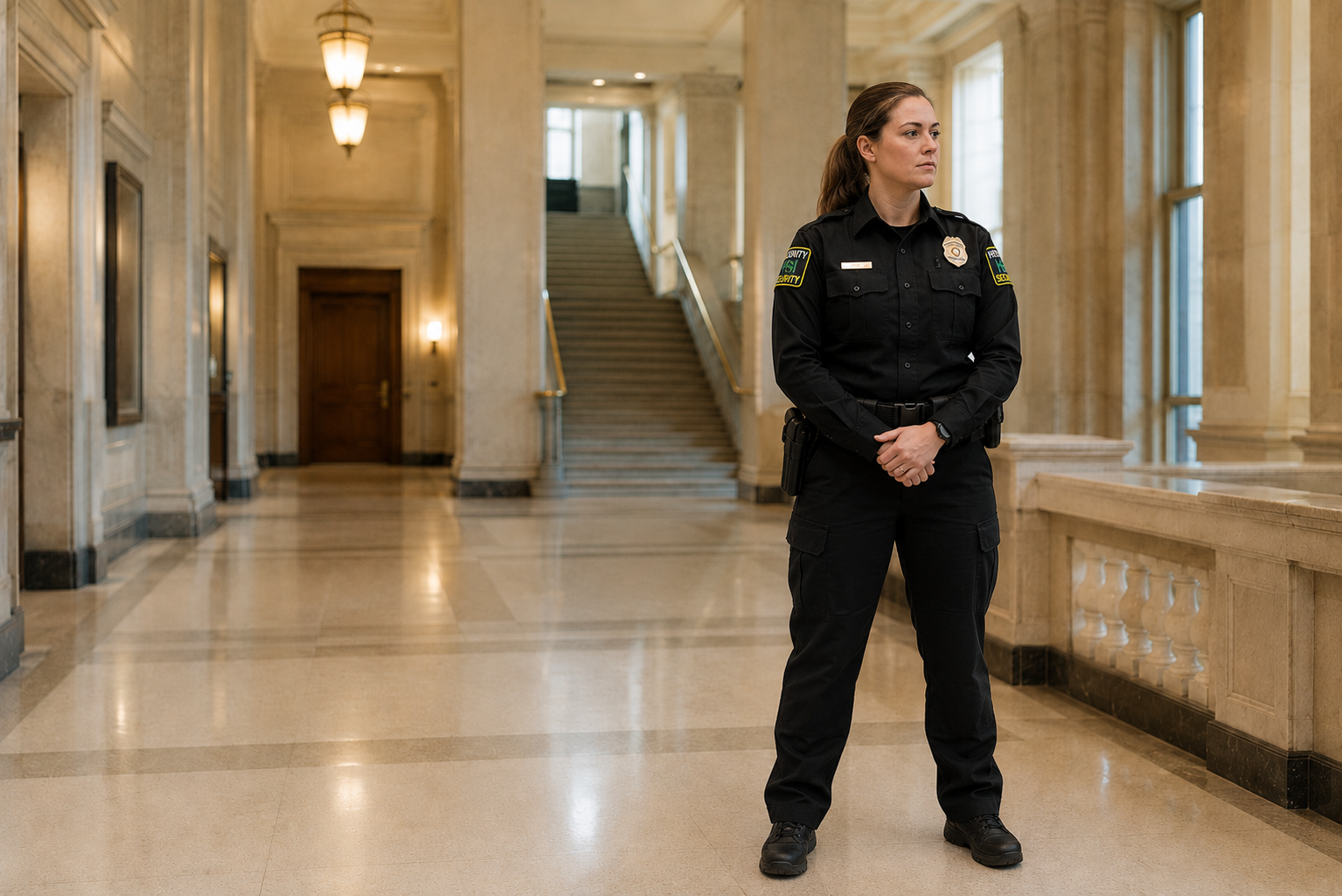 A female security officer standing inside a grand, marble building with ornate columns and a staircase in the background.