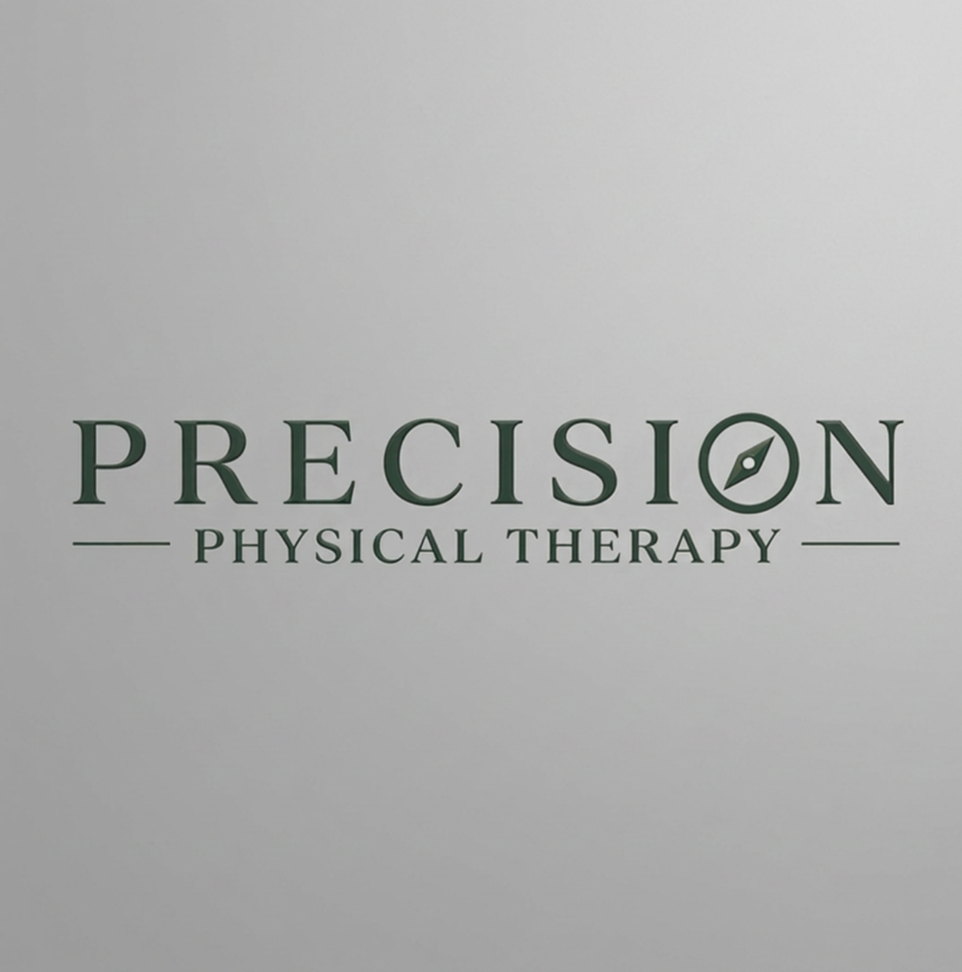 A logo for Precision Physical Therapy with the word 'PRECISION' in large letters, with a compass icon replacing the letter 'O', indicating guidance with treatment.