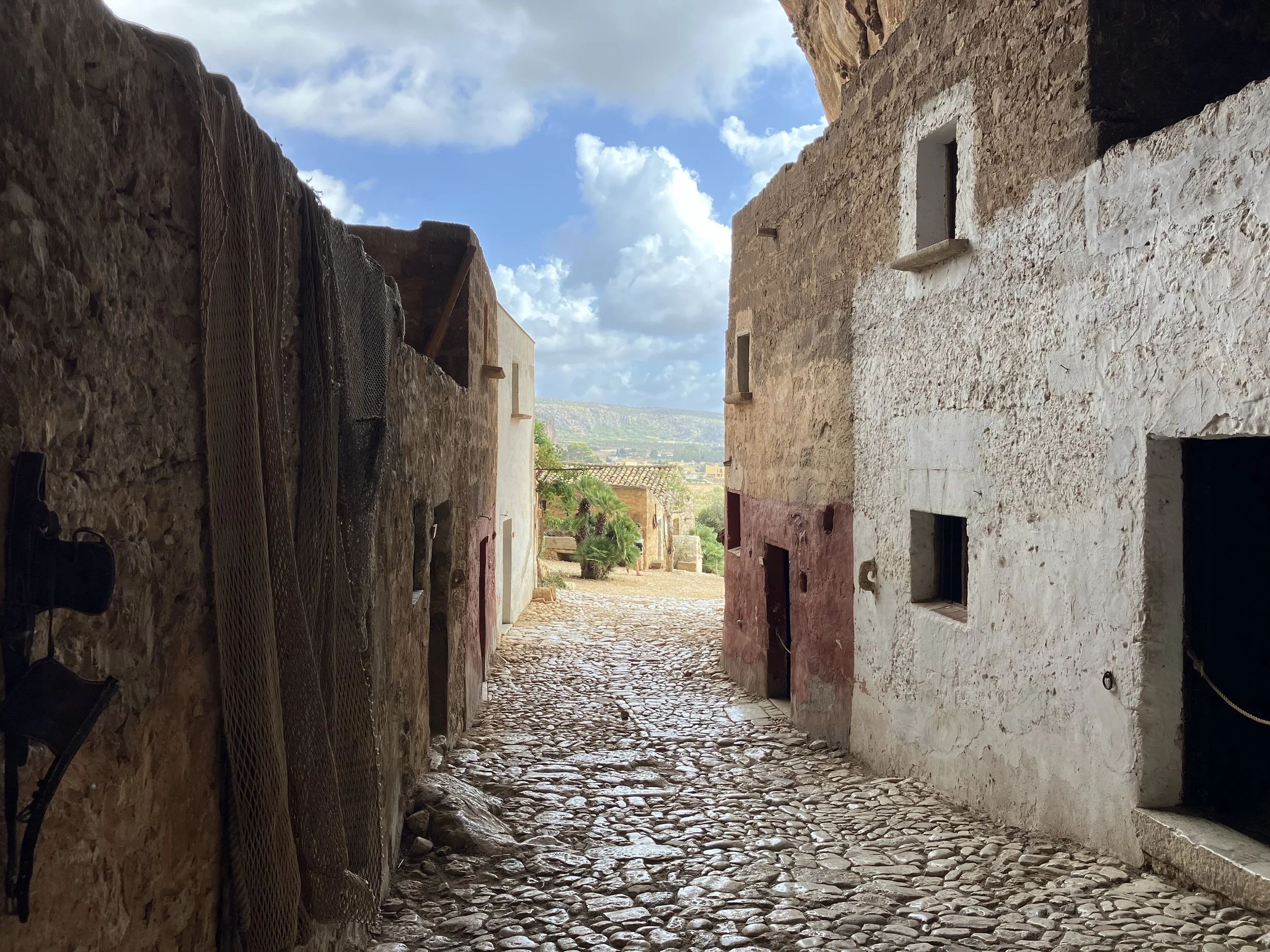 A narrow cobblestone street between old stone and stucco buildings, with trees and hills in the background under a partly cloudy sky.