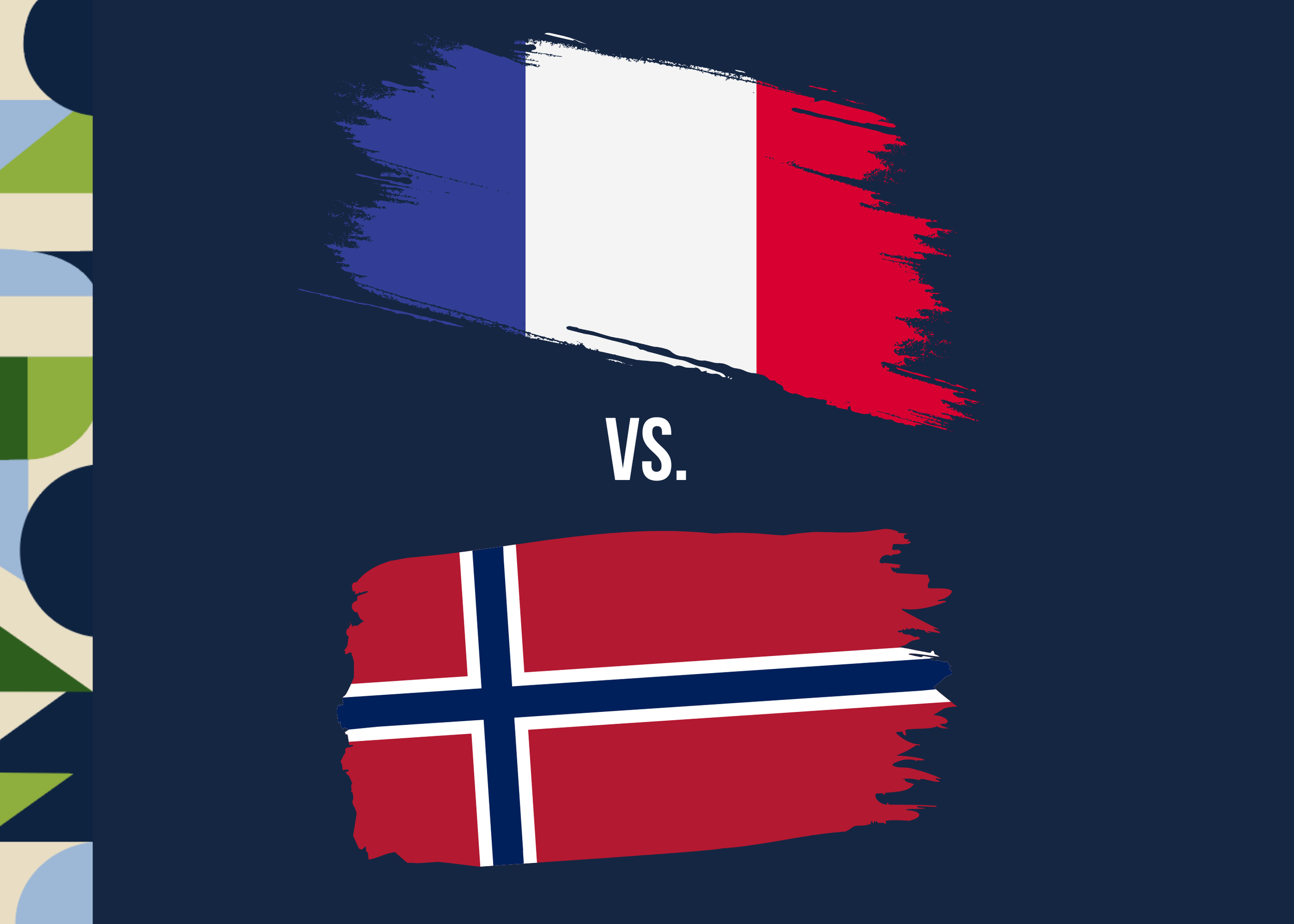 Digital illustration showing the flags of France and Norway with 'vs.' text in between, background in dark blue, with colorful abstract designs on the left.