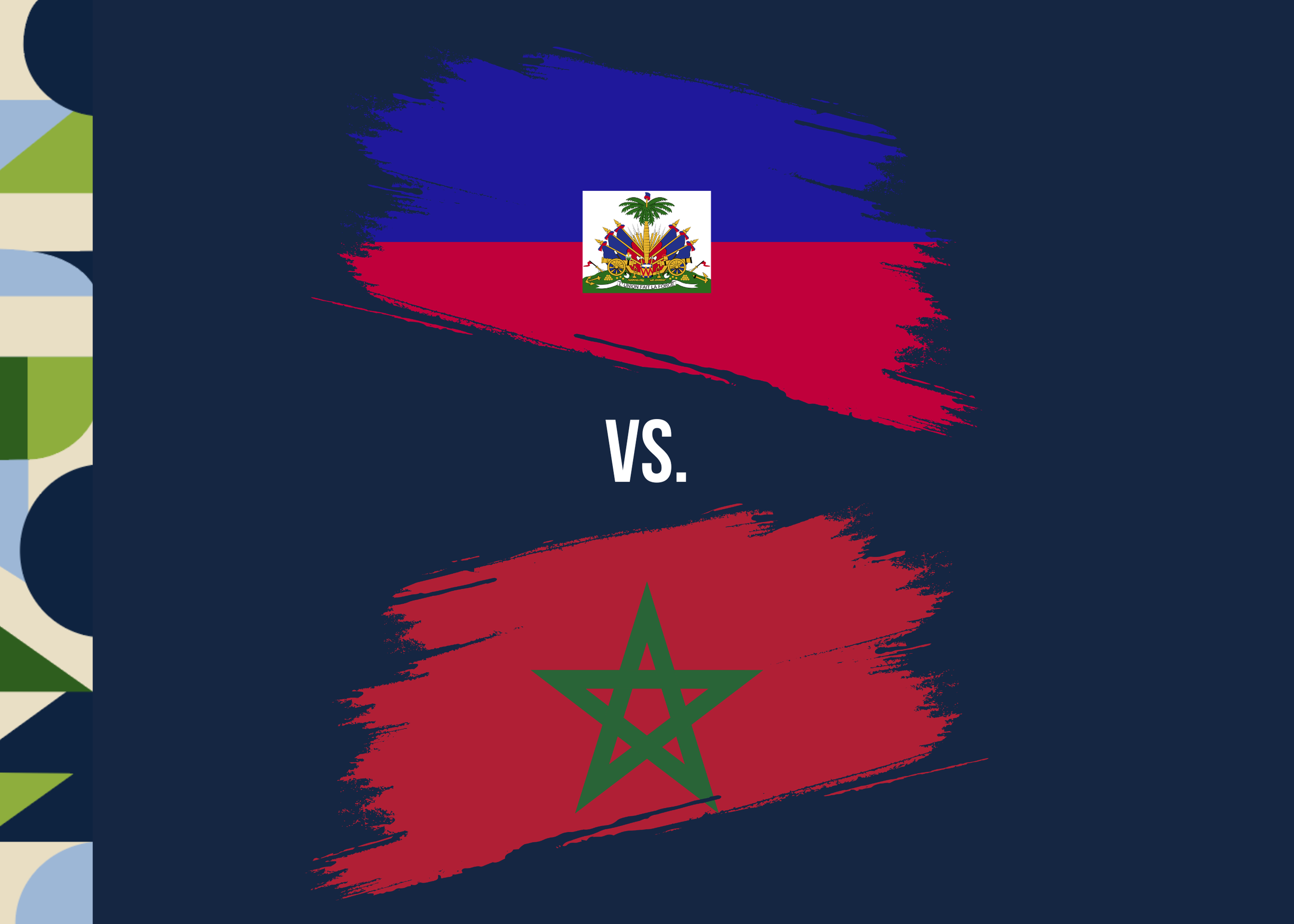 A graphic representation of a sports match between Haiti and Morocco featuring their flags and an 'VS' in the center.