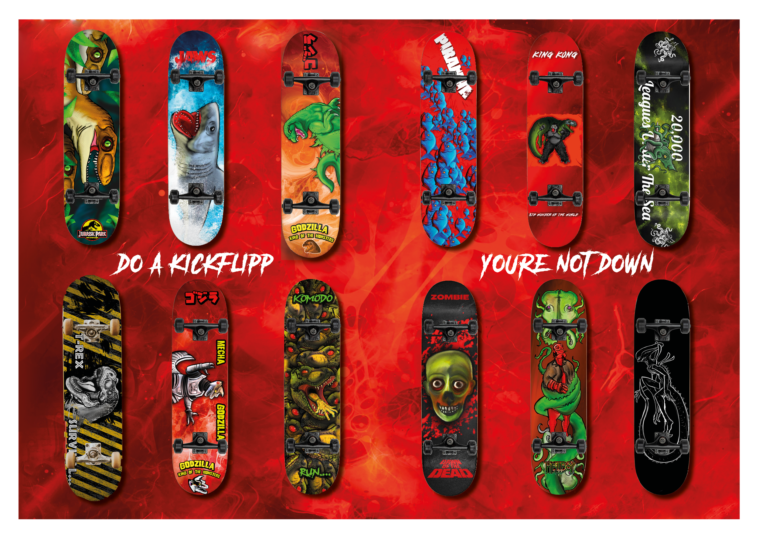 Collection of skateboard decks with various graphic designs and characters, displayed against a red background with some text.