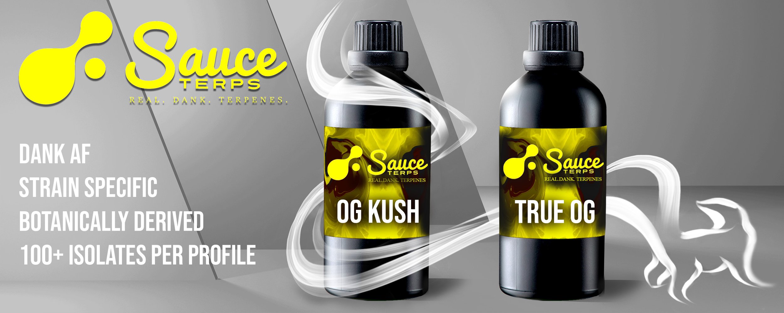 Two bottles of terpene sauce labeled OG Kush and True OG are shown with a gray background. To the left, white text reads: 'Dank AF strain specific botanically derived 100+ isolates per profile.' The sauce labels are yellow with black writing, and the