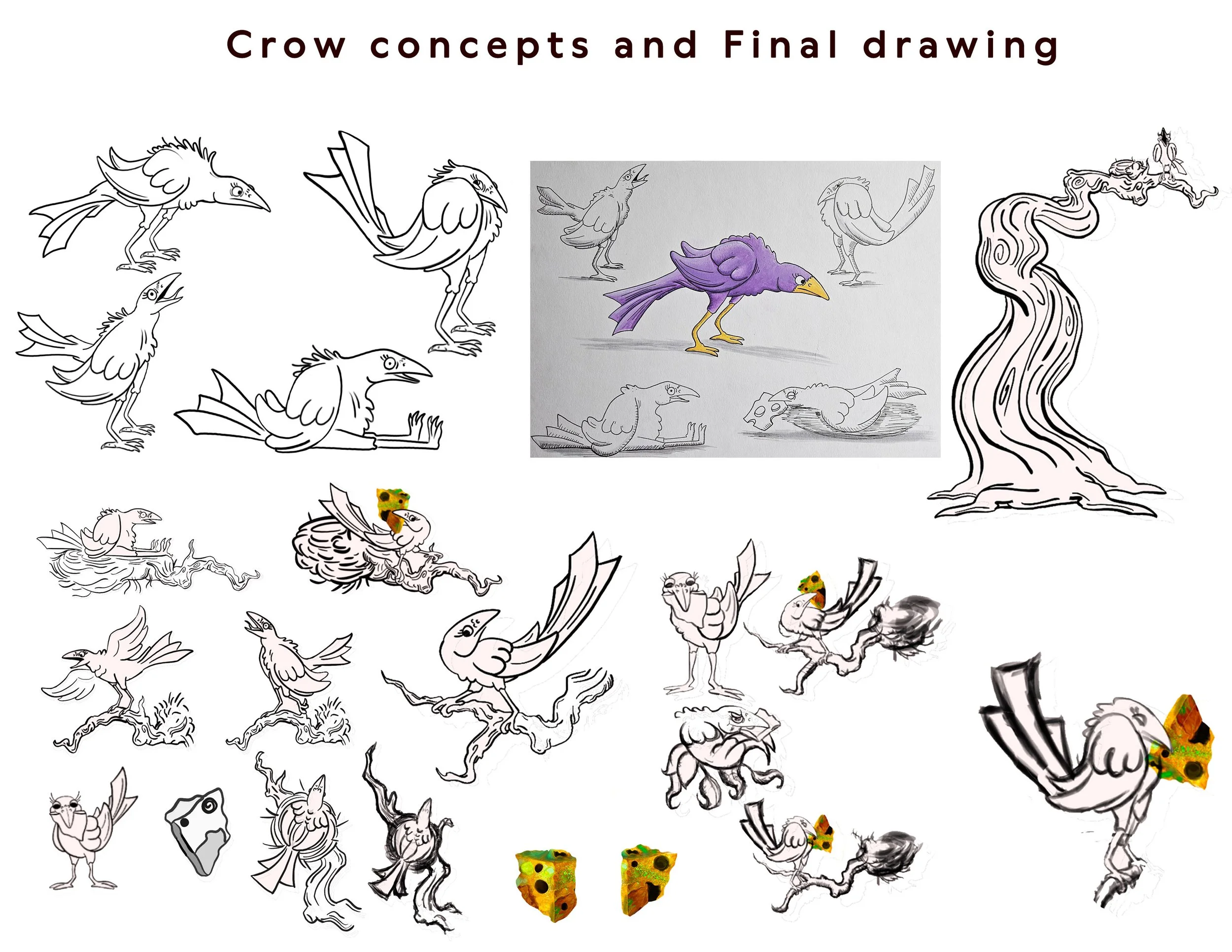 A collage of hand-drawn bird sketches, a colored bird drawing, and 3D colored dice, with text reading 'Crow concepts and Final drawing' at the top.