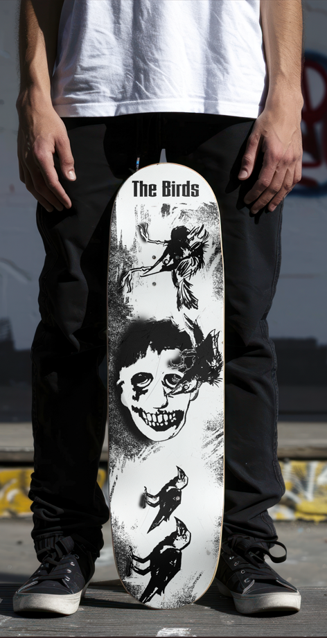 A person standing holding a skateboard with black and white artwork of a woman's face, a woman with a spear, and dancers.