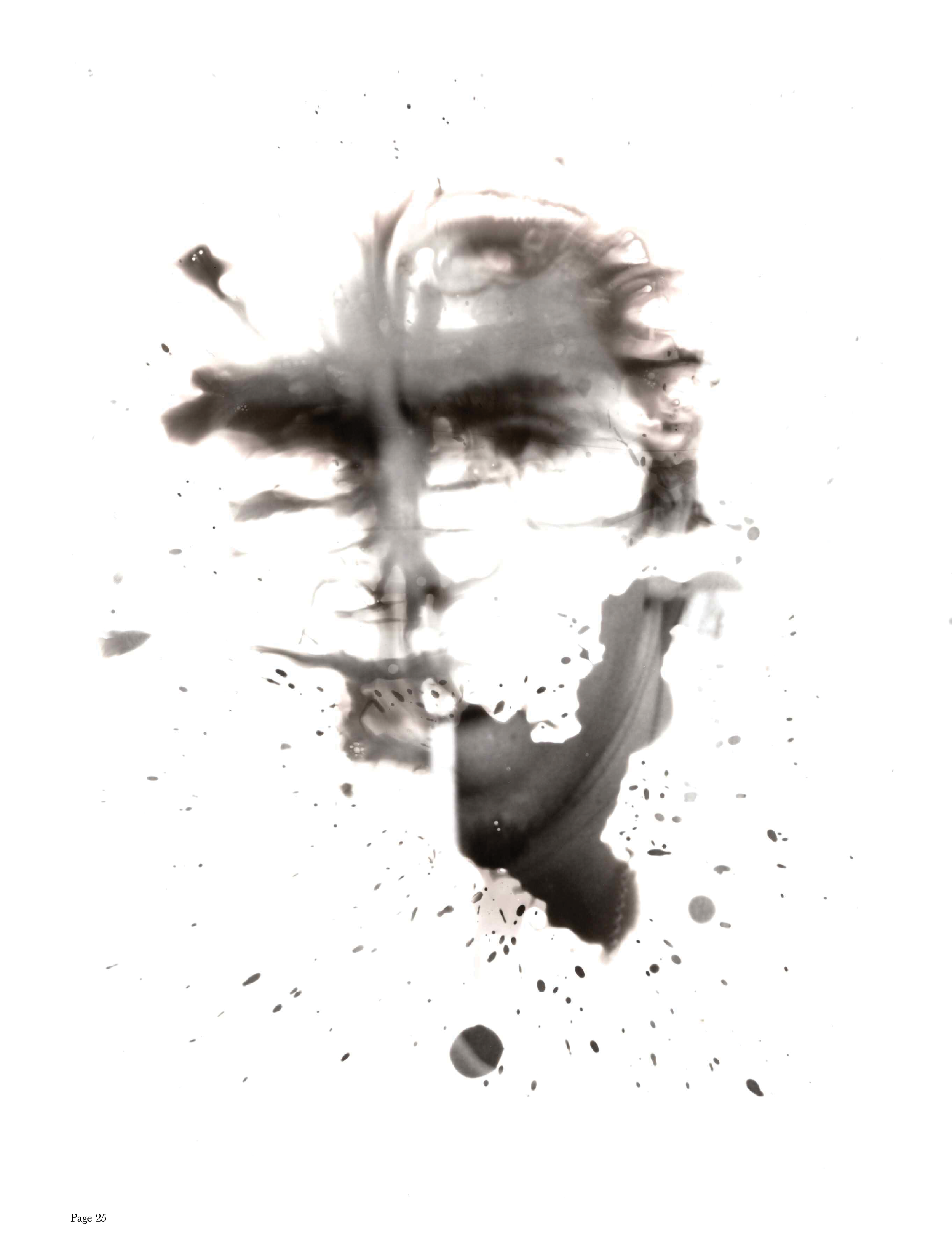 Black and white ink splatter resembling a person's face, with abstract and fluid shapes, on a white background.