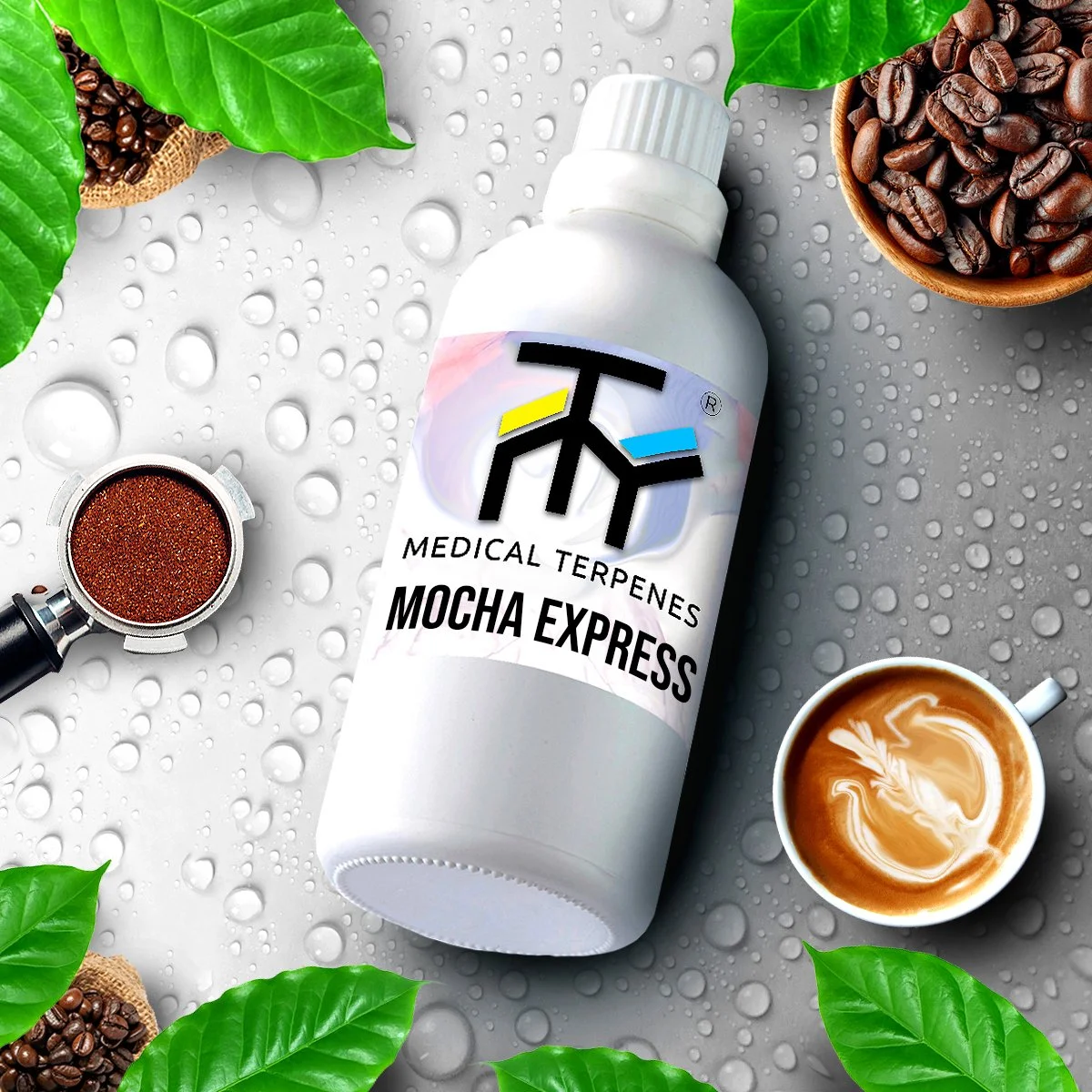 A bottle of Medical Terpenes Mocha Express surrounded by coffee beans, a cup of coffee with a latte art swirl, a coffee scoop with ground coffee, and green leaves on a wet gray surface.
