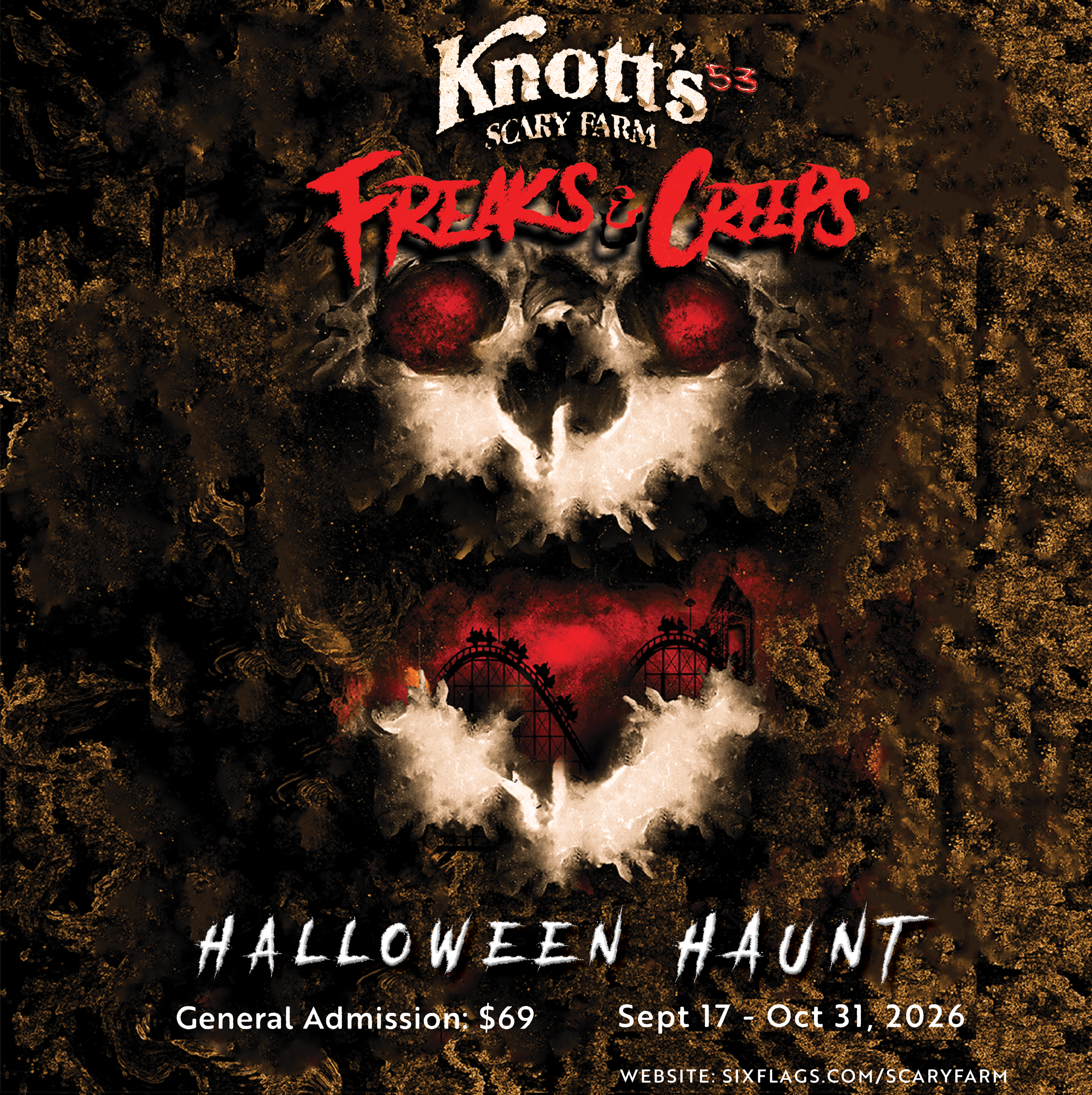 A Halloween event poster for Knot's Scary Farm with tickertape style text, featuring a skull with red eye sockets, a roller coaster silhouette, and event details from September 17 to October 31, 2026.