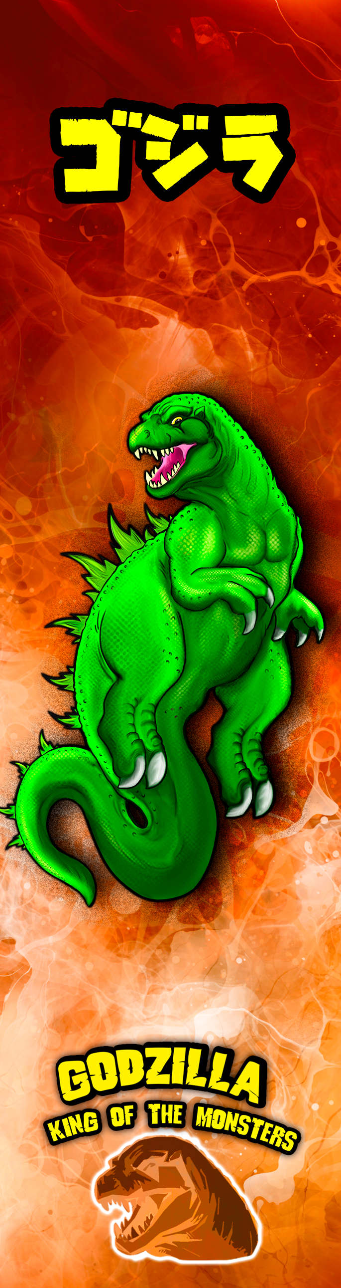 A colorful illustration of Godzilla, the green monster with sharp teeth and claws, set against a fiery background with flames and swirling smoke, topped with Japanese characters and a logo reading 'GODZILLA KING OF THE MONSTERS'.