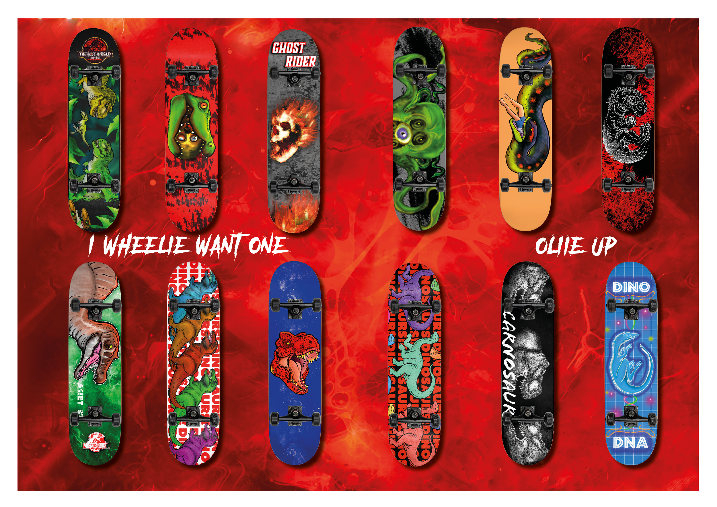 Collection of skateboard decks with various colorful, dinosaur and monster-themed designs on a red background.