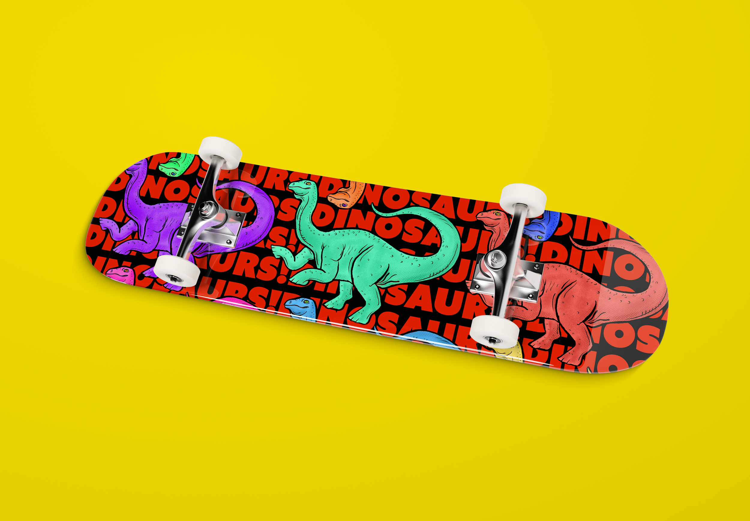 Colorful skateboard featuring dinosaur illustrations and the word 'Saurus' on a bright yellow background.