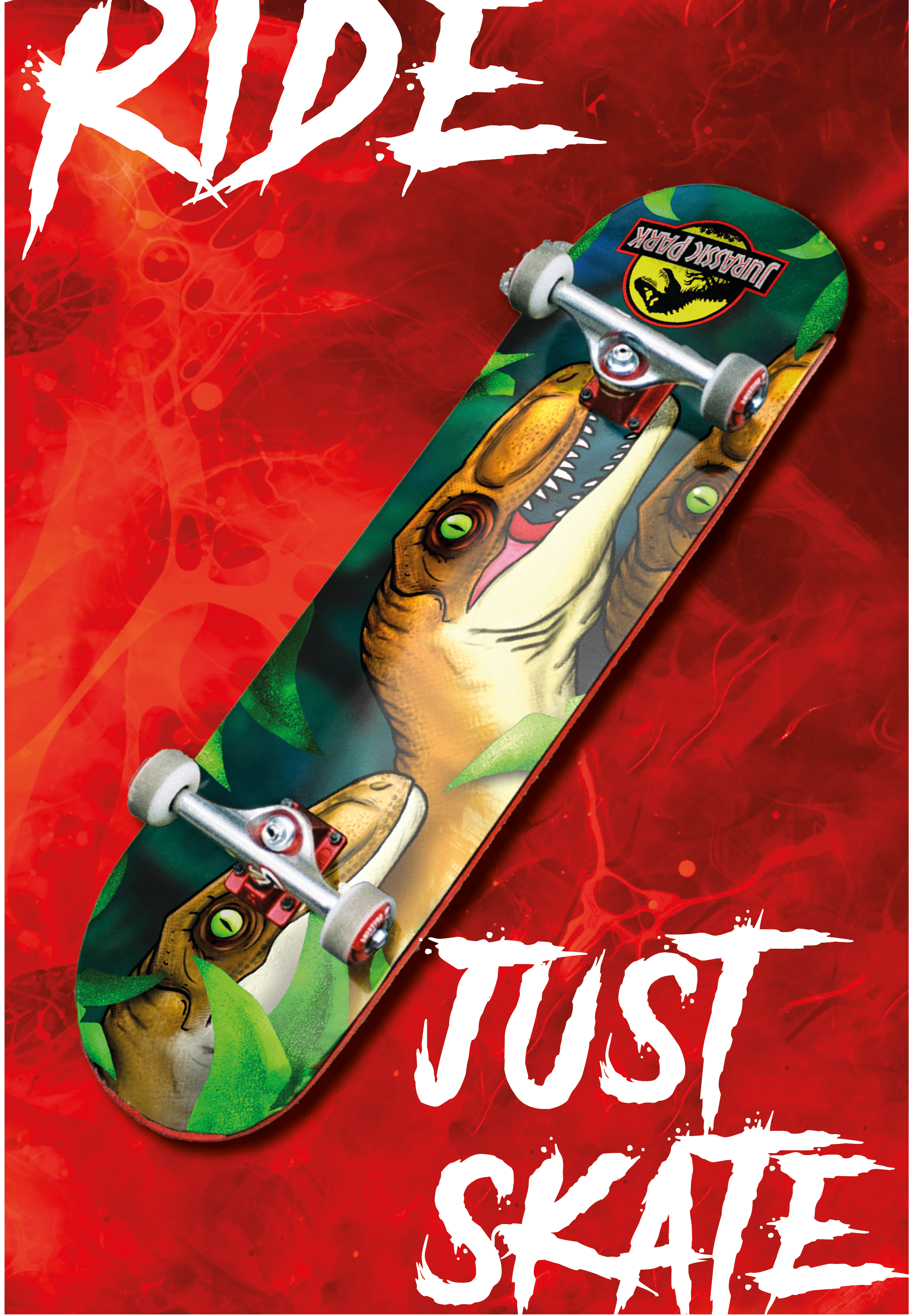 A skateboard with a dinosaur illustration and Jurassic Park logo on it, set against a red background with white, jagged text that reads 'RIDE' and 'JUST SHADE'.