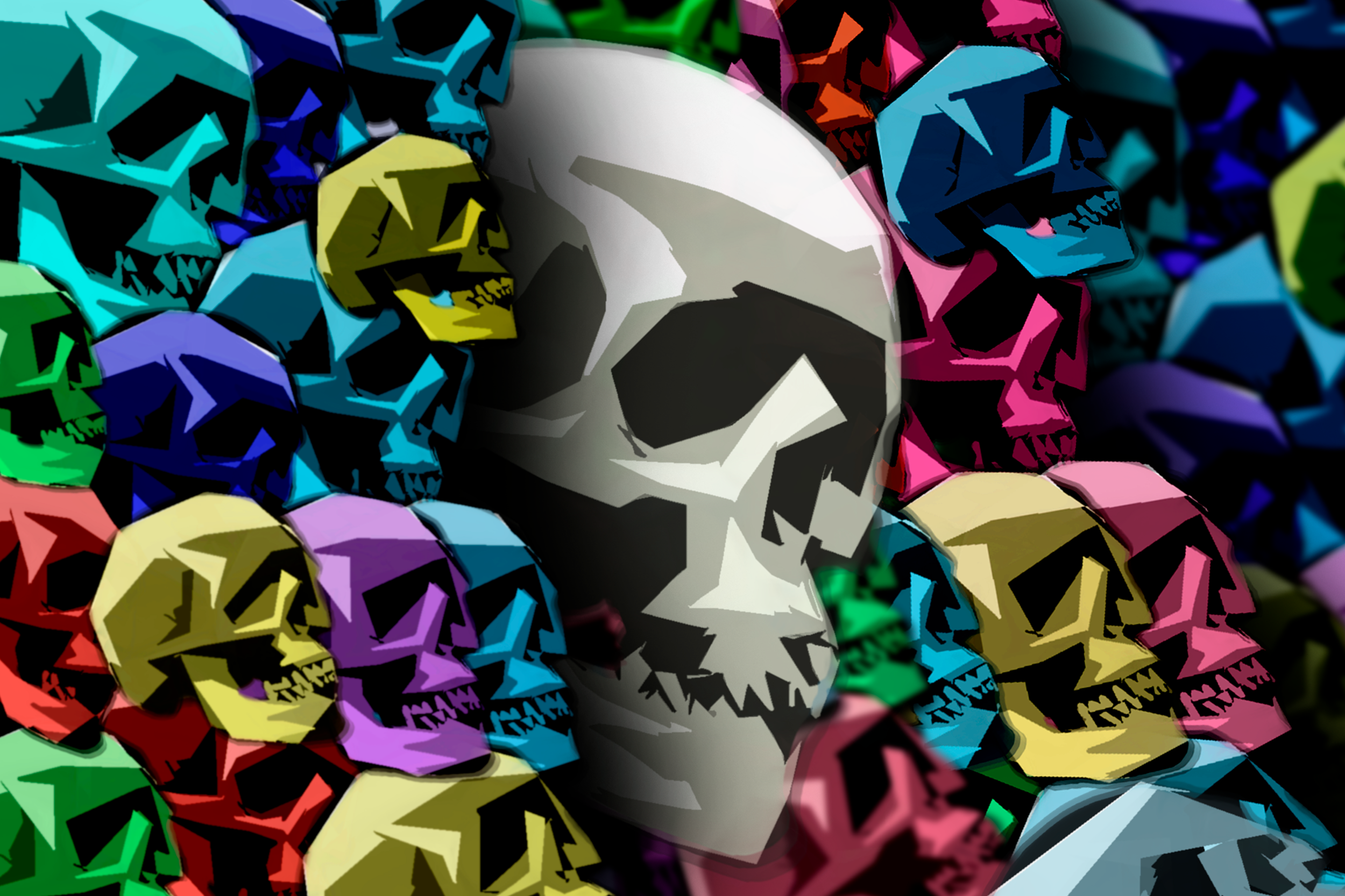 A digital art depiction of a human skull surrounded by colorful, stylized skulls of various colors including yellow, blue, pink, purple, green, and red.