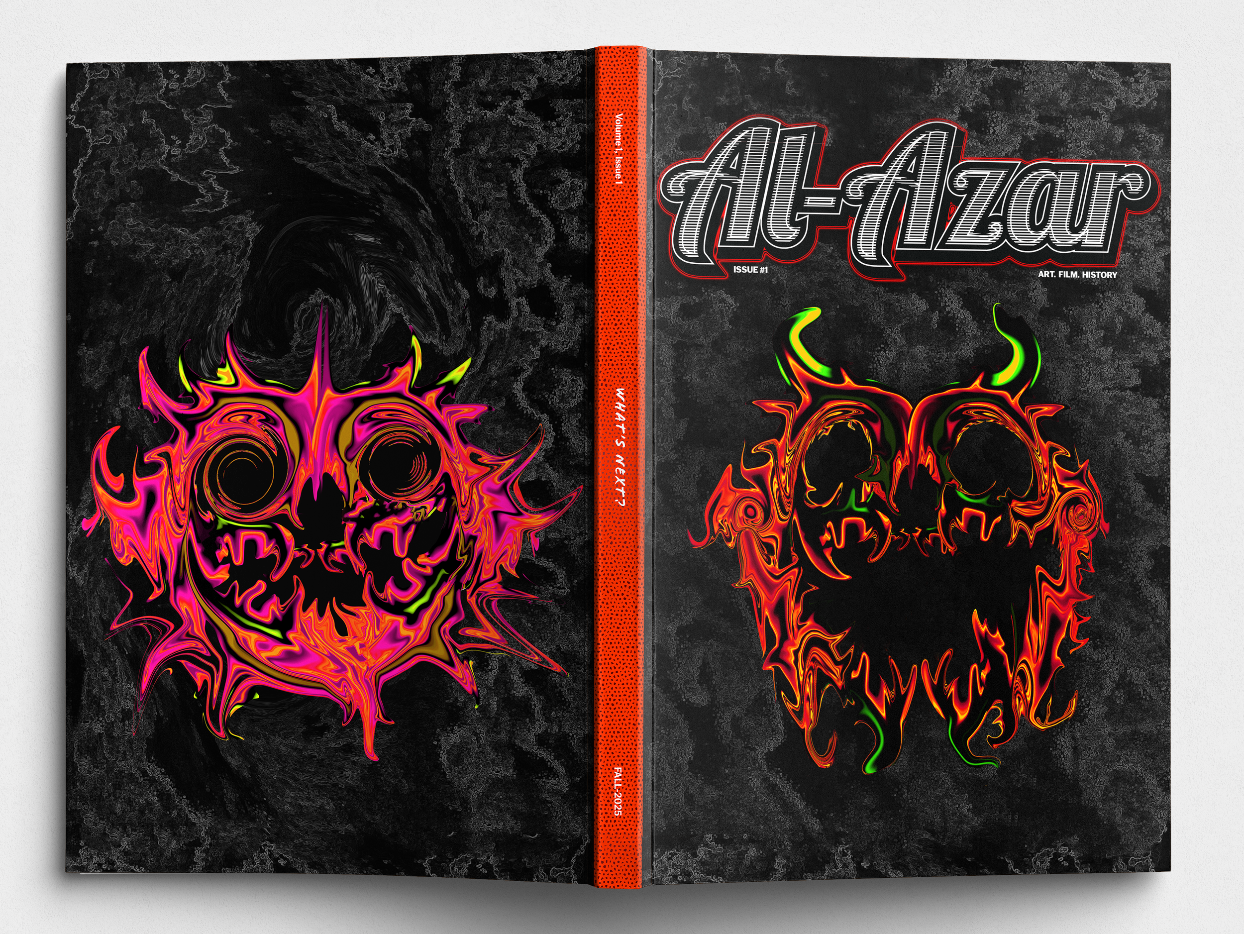 A stylized magazine cover featuring fiery skull artwork, with the title 'ALAZAR' prominently displayed at the top, and a red spine with text.