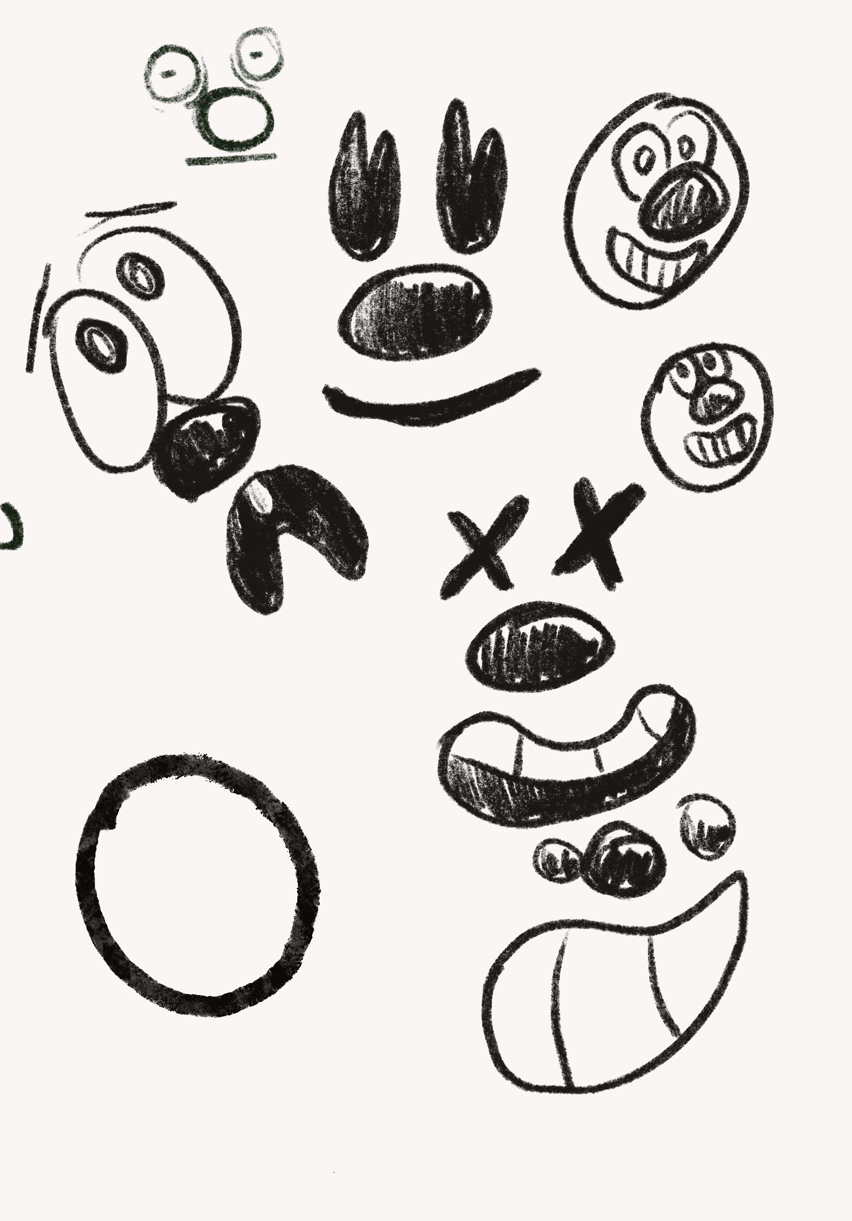 A collection of hand-drawn black and white cartoon faces and characters, including a smiling face with large eyes and a wide grin, a snake, and various abstract shapes and lines.