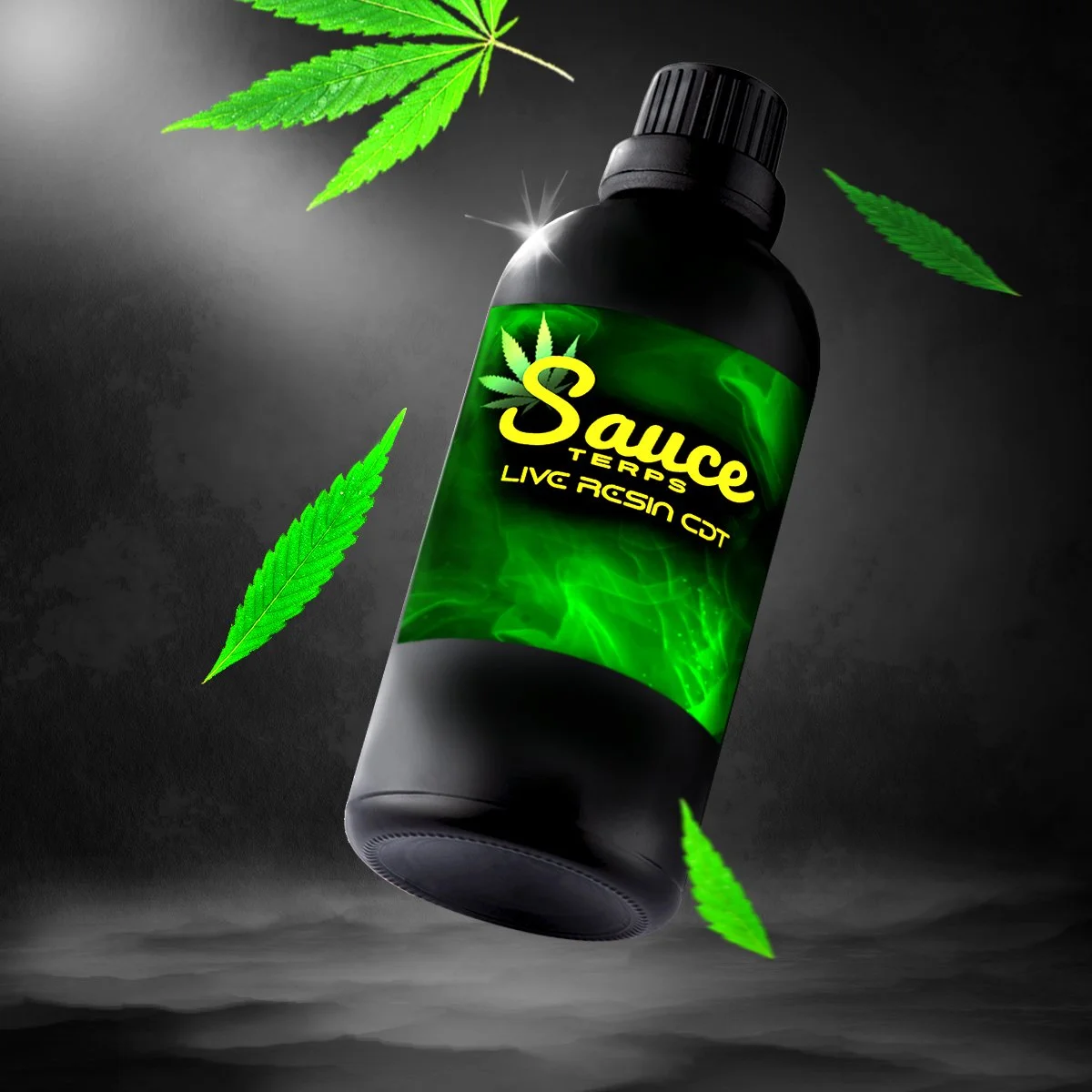 A black bottle labeled "Sauce Terps Live Resin CBD" with green cannabis leaves around it, set against a dark background.