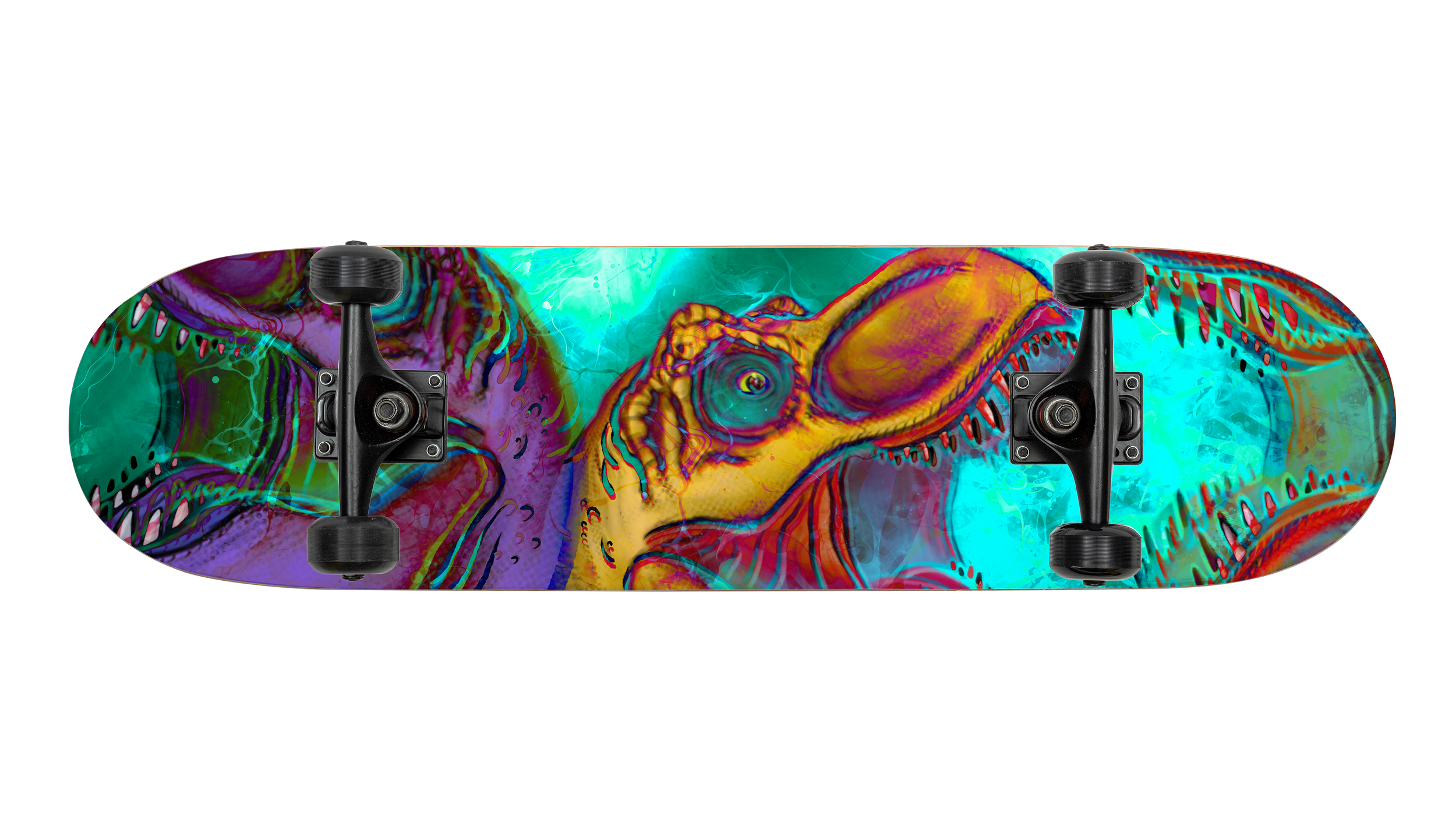 Colorful skateboard deck with a vibrant, abstract dinosaur design, showing a dinosaur head in bright colors.