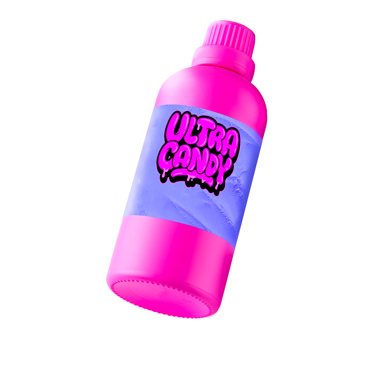 Pink bottle of Ultra Candy laundry detergent with a purple label and pink cap, positioned against a pink background.