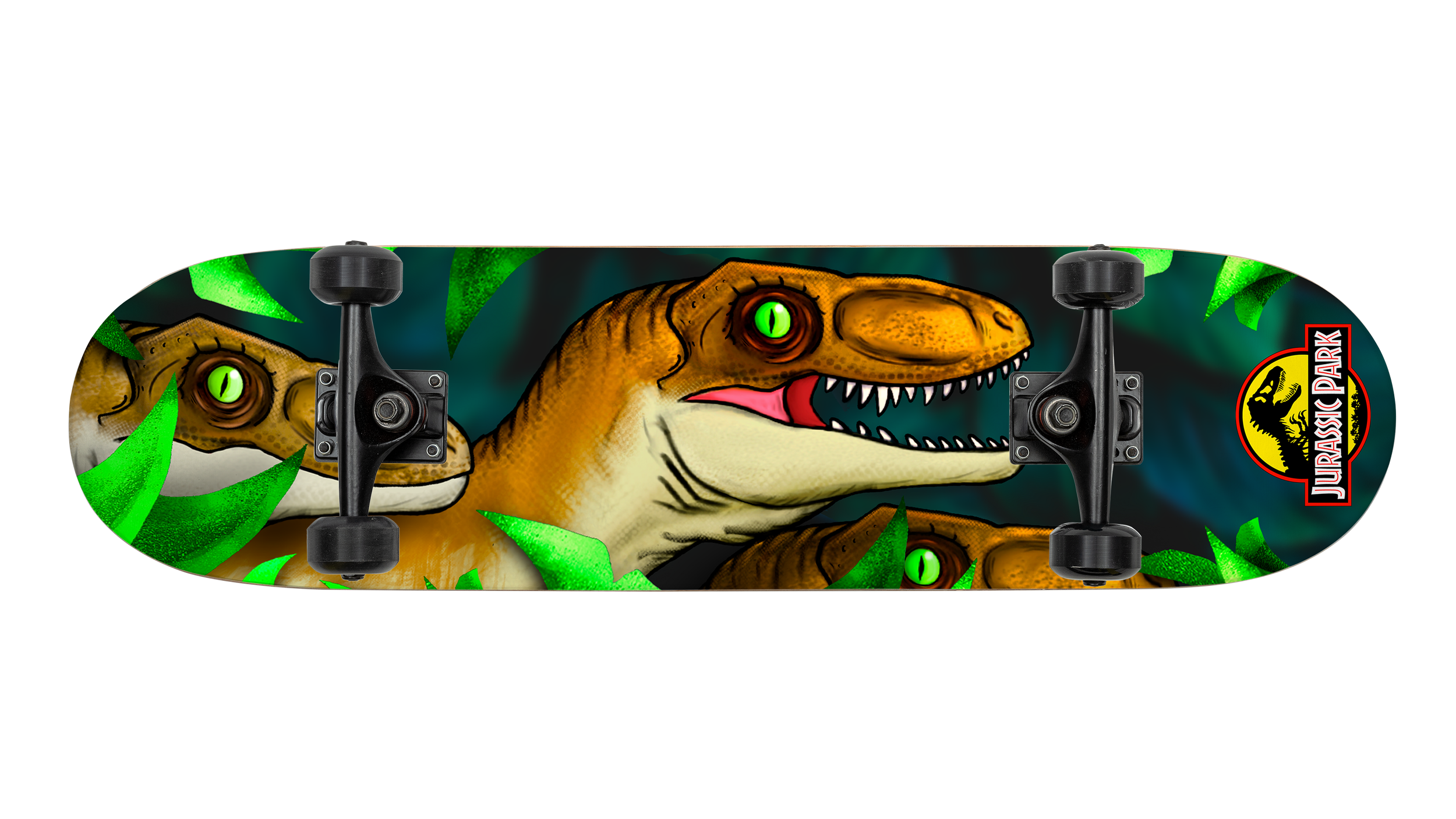 Skateboard with Jurassic Park dinosaur illustration and logo, featuring a T-Rex with green eyes among green leaves.