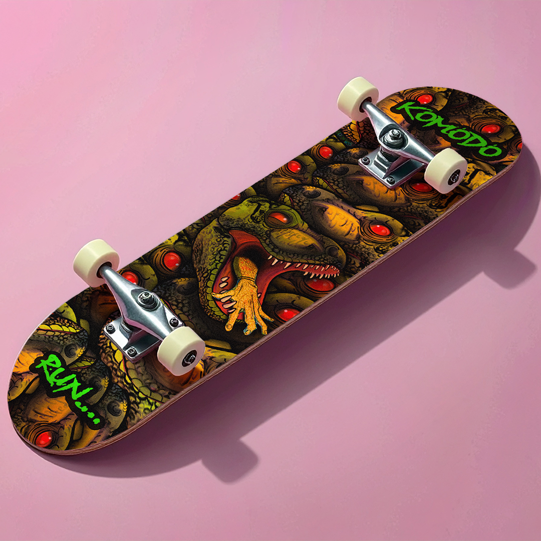 A skateboard with a graphic design of a yellow and green snake with an open mouth and its tongue out, on a pink background, with green and red text reading 'RICK...' and 'KONTO'.