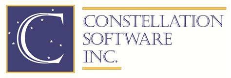 Logo for Constellation Software Inc., featuring a stylized crescent moon and stars with purple, gold, and white colors.