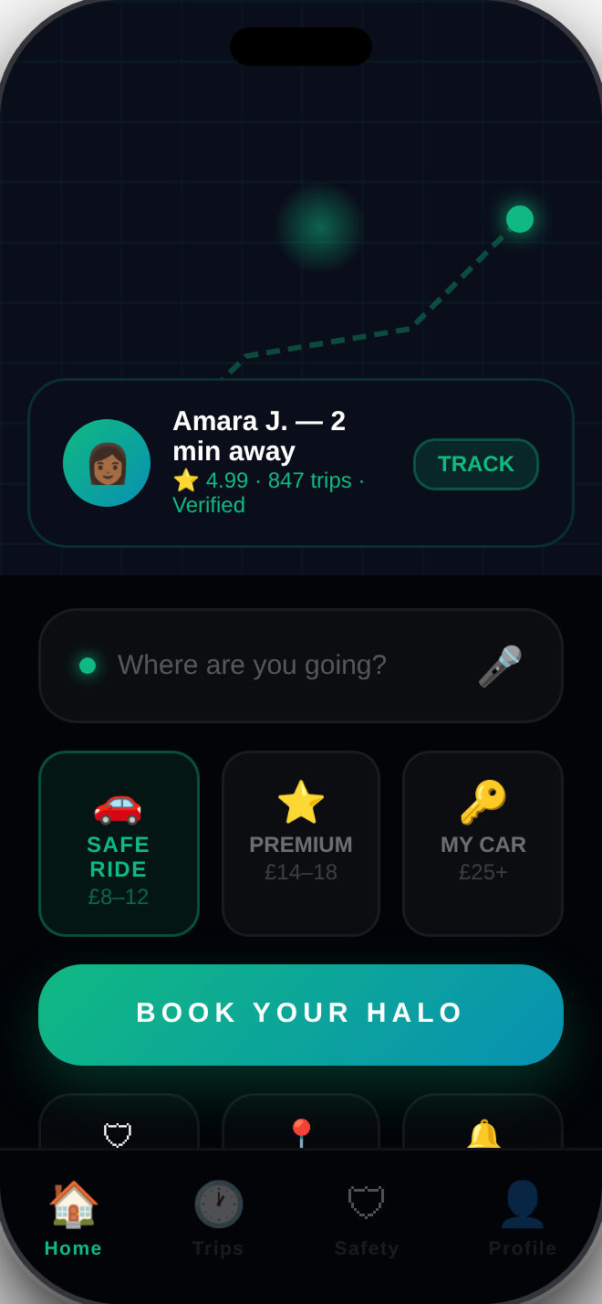 HALO passenger app booking screen