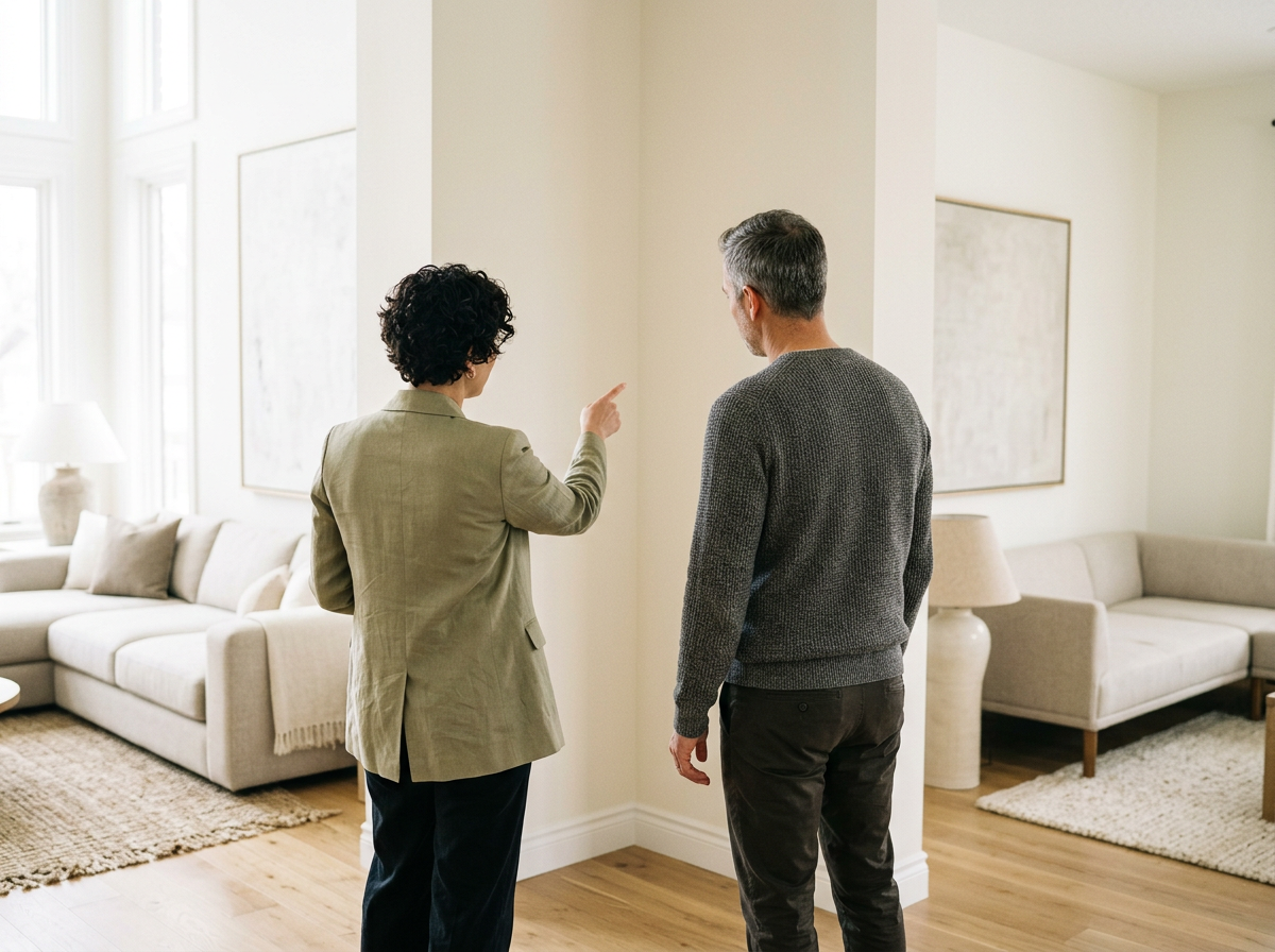 A woman is pointing and talking to a man in a living room with beige couches and abstract art on the wall.
