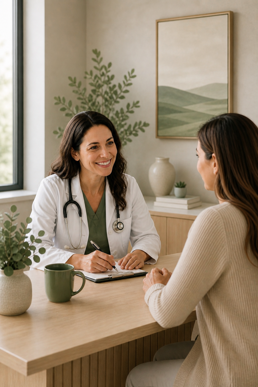 A female doctor smiling while talking to a female patient during an appointment in a well-lit, cozy medical office with green plants, a painting, and a ceramic vase in the background.