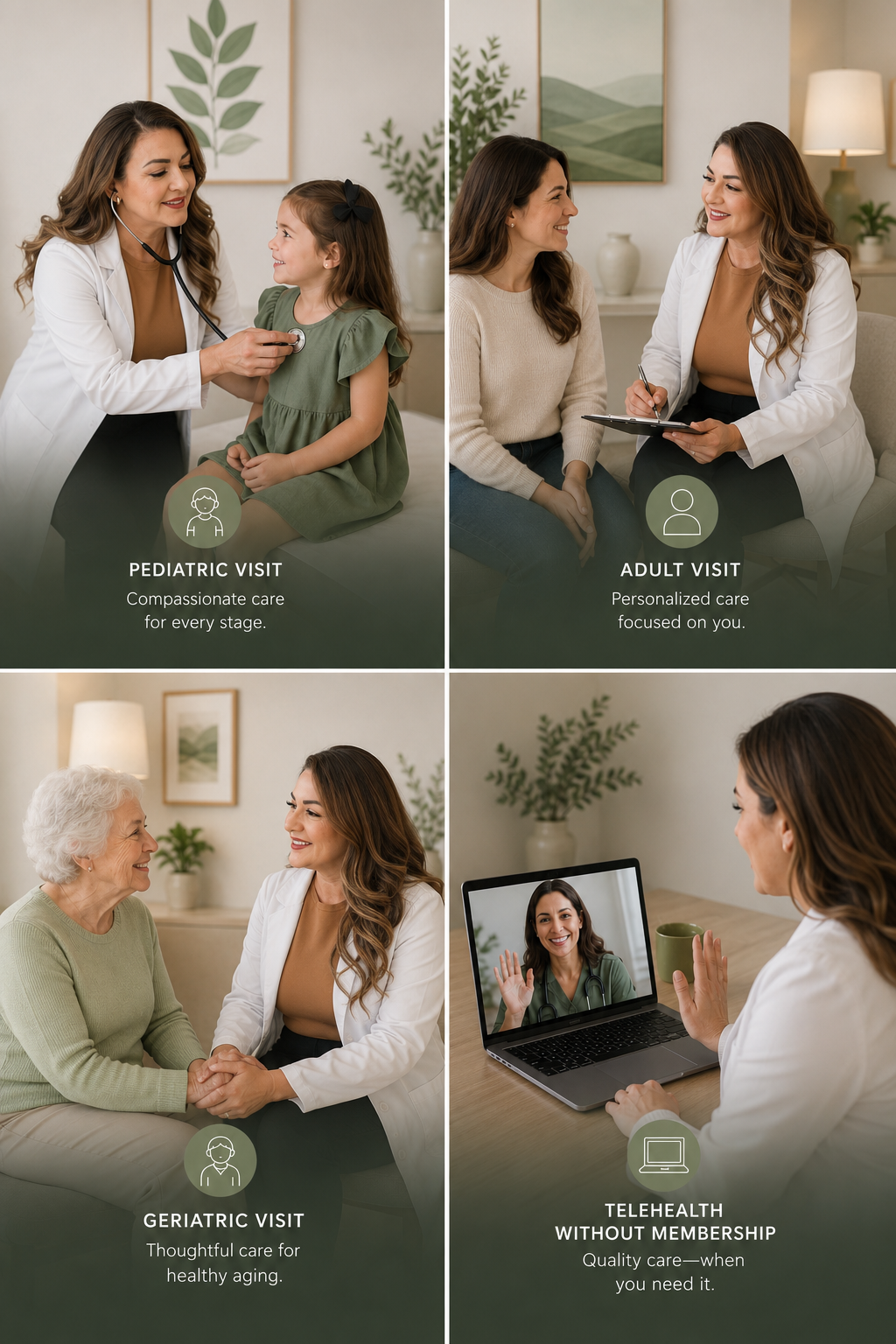 A collage of four images showing different healthcare visits: a pediatric visit with a doctor using a stethoscope on a young girl; an adult visit with a woman doctor talking to a patient; a geriatric visit with a healthcare professional holding hands with an elderly woman; and a telehealth session with a woman doctor on a laptop screen waving to a patient.