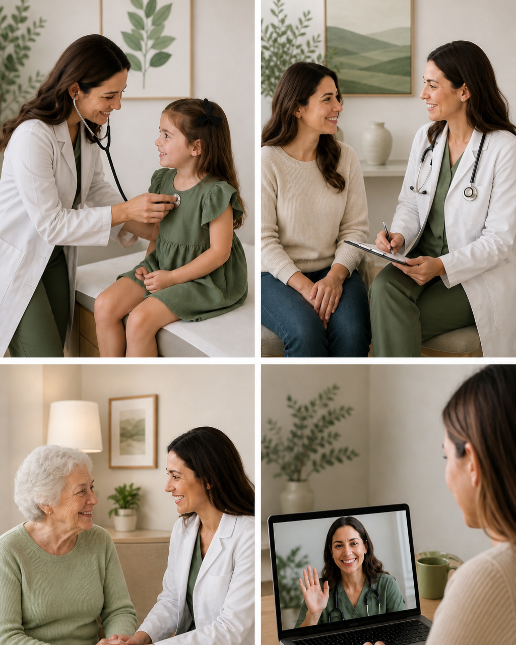 Four scenes showing a female healthcare professional consulting with patients of different ages. Scene 1: Chatting with a young girl during a check-up. Scene 2: Discussing health with an adult woman. Scene 3: consulting a senior woman. Scene 4: Video call with a female doctor.