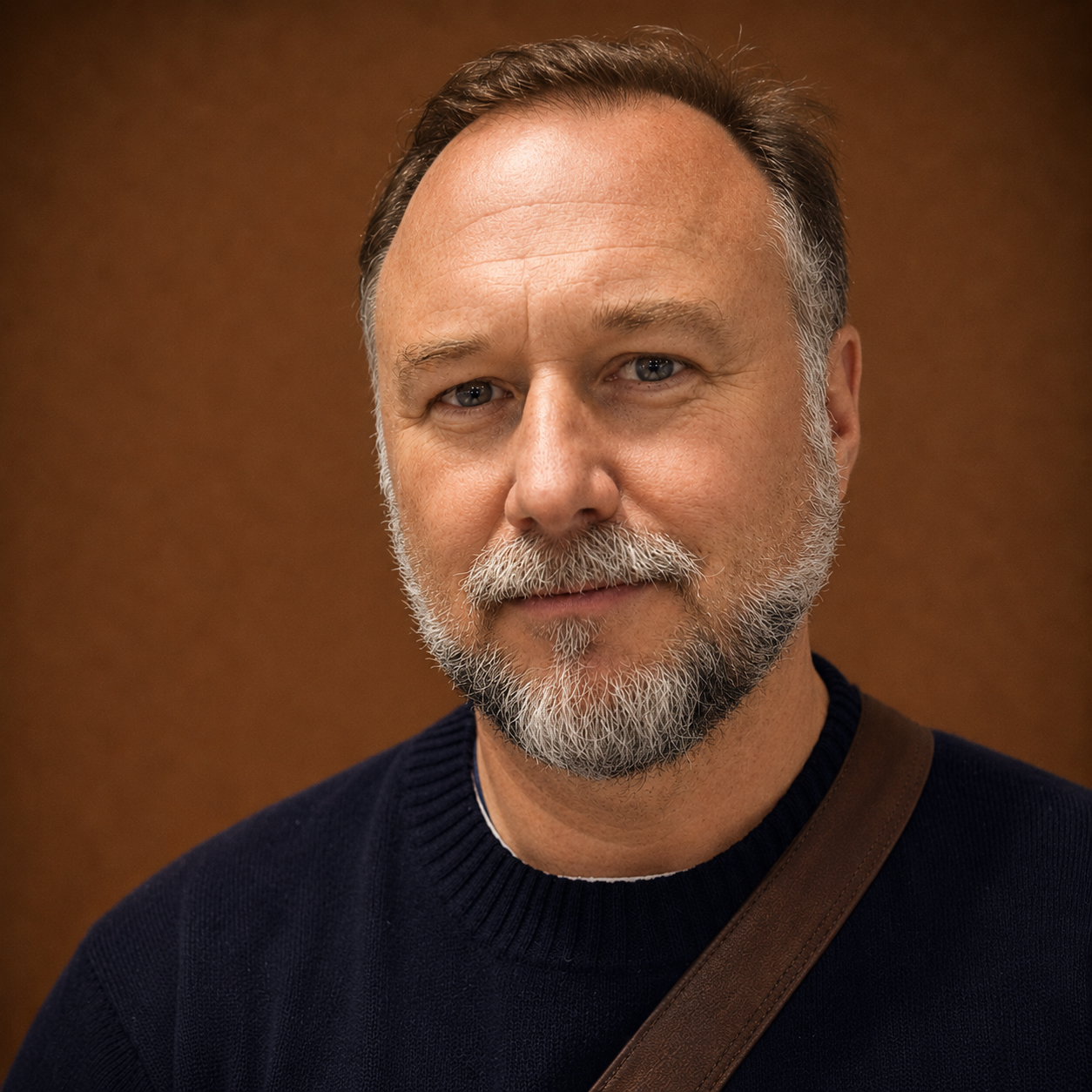 Close-up portrait of a middle-aged man with a beard and mustache, wearing a dark sweater and a brown strap across his shoulder, standing against a brown background.