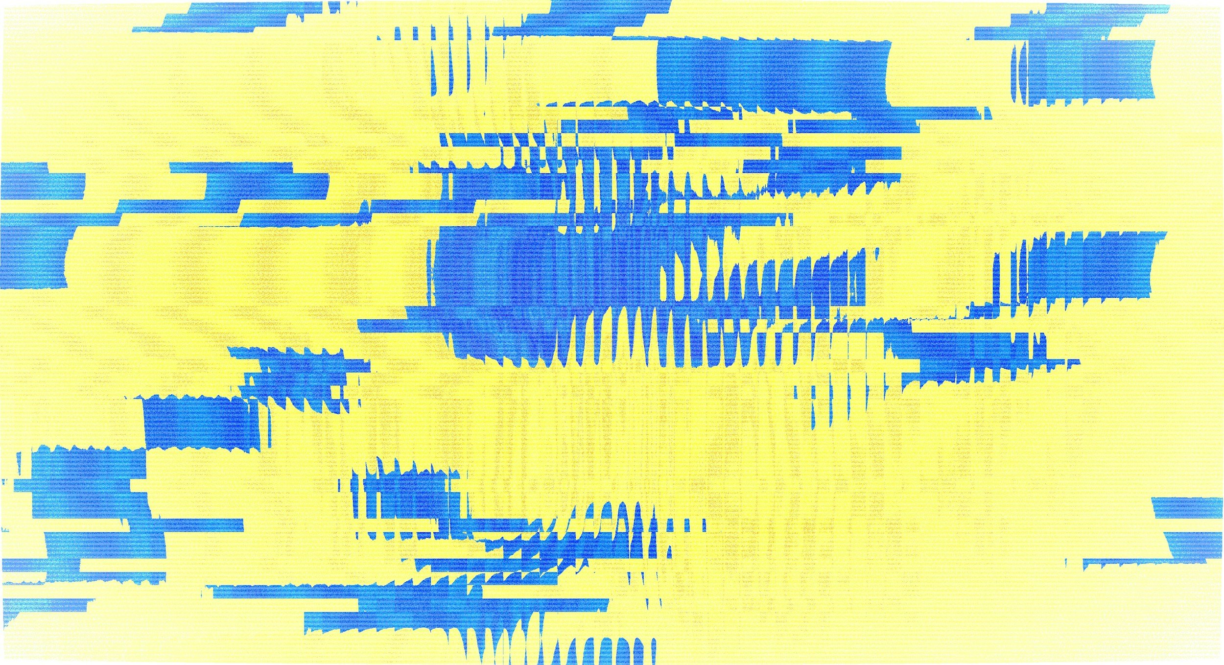Abstract digital art with horizontal blue and yellow lines and pixelated patterns.