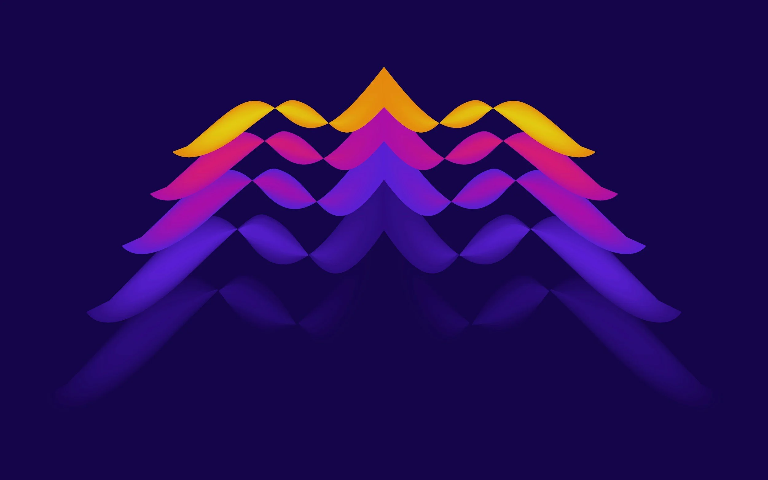 An abstract digital artwork with multiple flowing, layered shapes in yellow, pink, purple, and blue on a dark background.