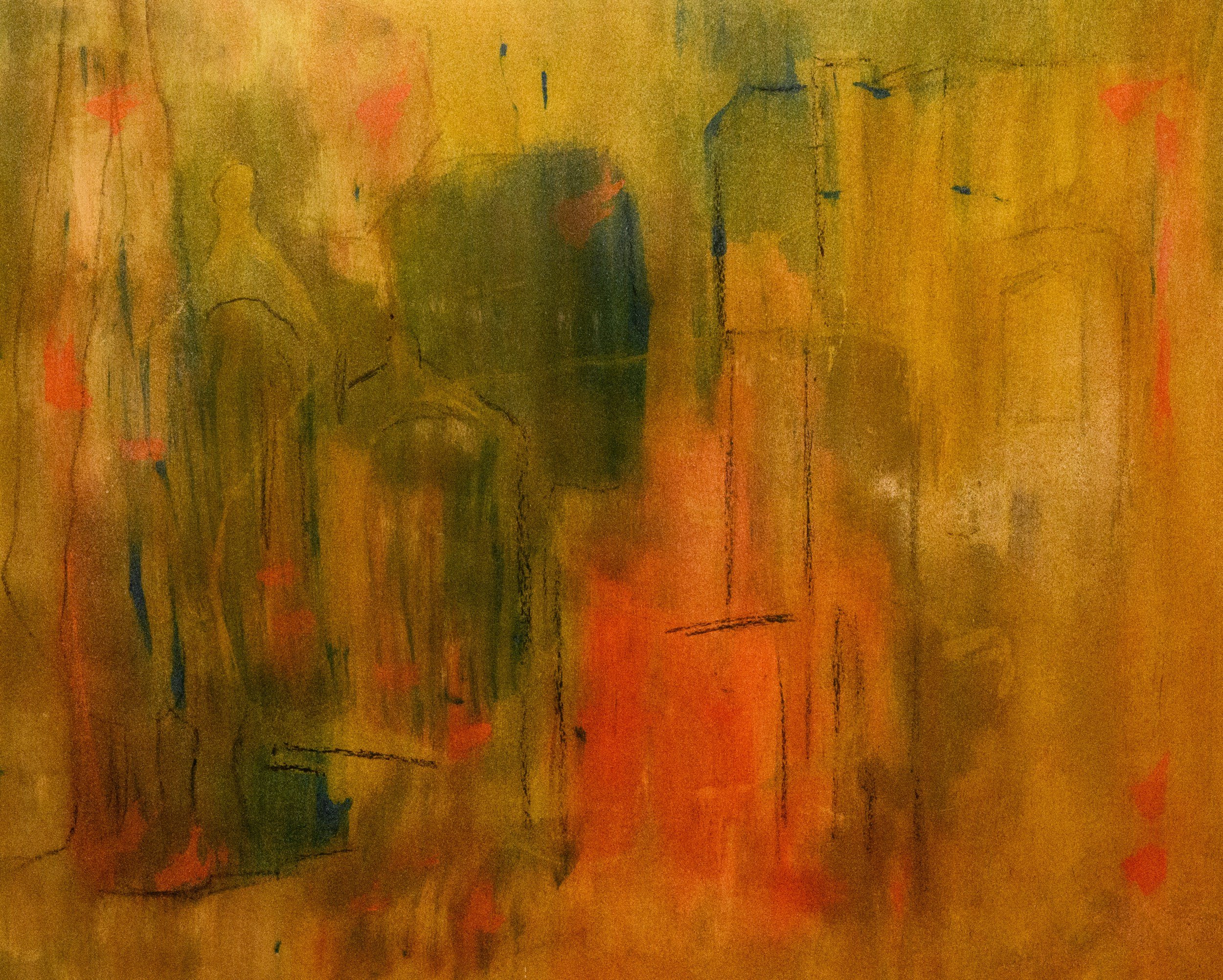 The image features an abstract, textured background with warm tones of yellow, orange, and red, along with streaks of blue and black lines.