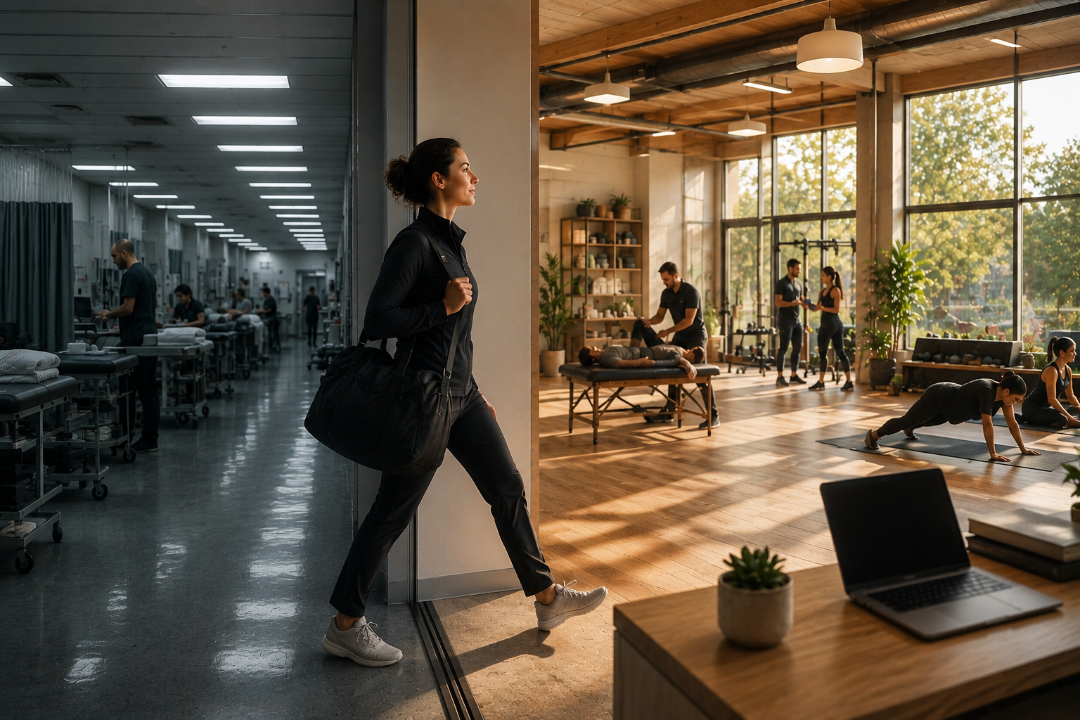 A woman with a backpack walking from a hospital hallway into a fitness studio where people are exercising, receiving massages, and working out.
