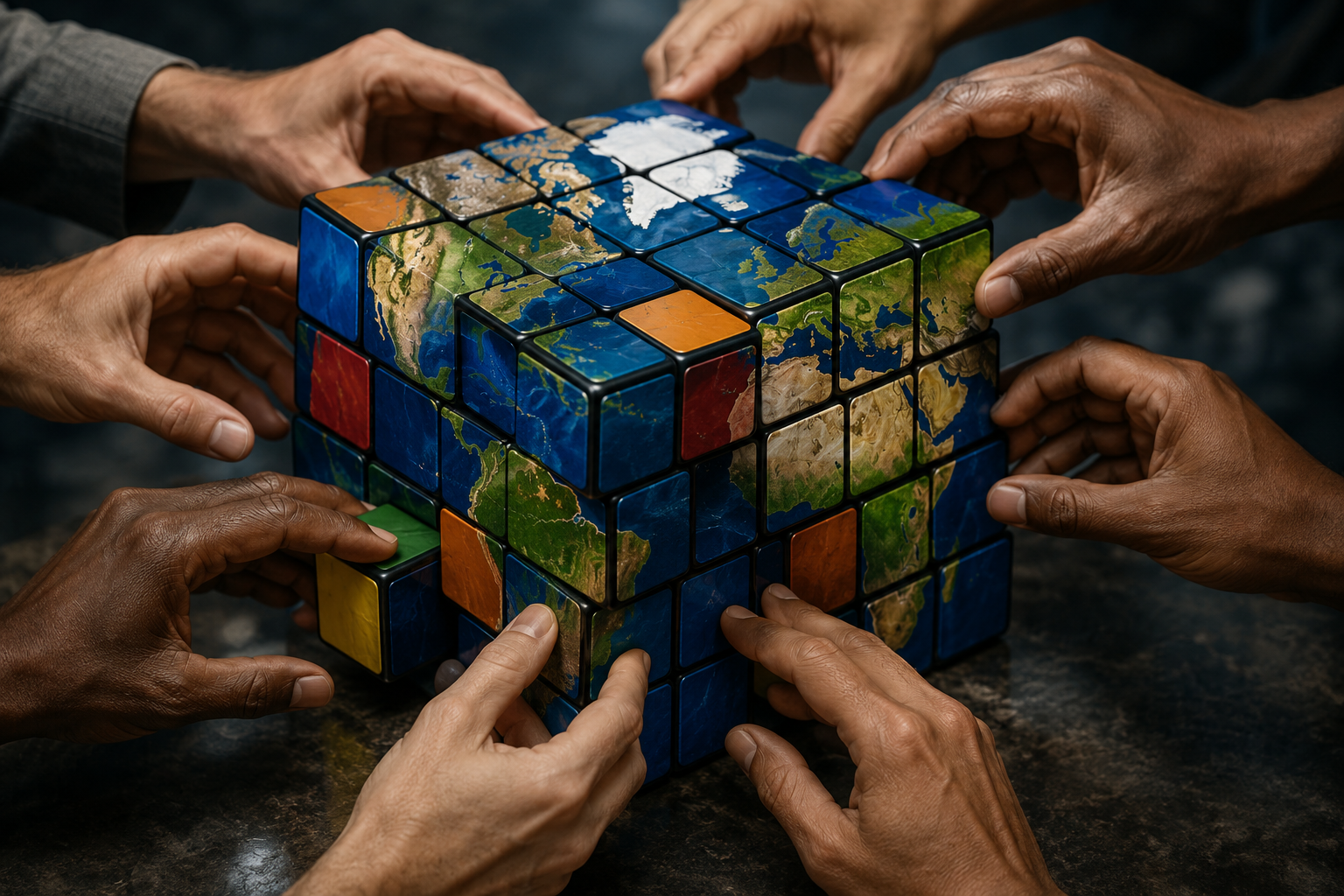 Multiple hands place pieces on a world map-themed Rubik's Cube puzzle.