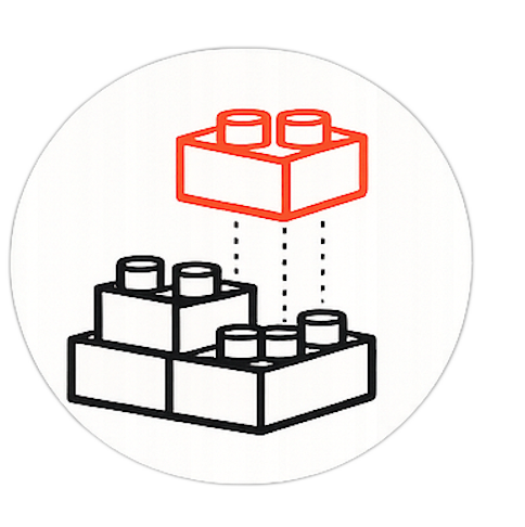 Diagram of Lego bricks with one red brick above two black bricks, showing connection points.