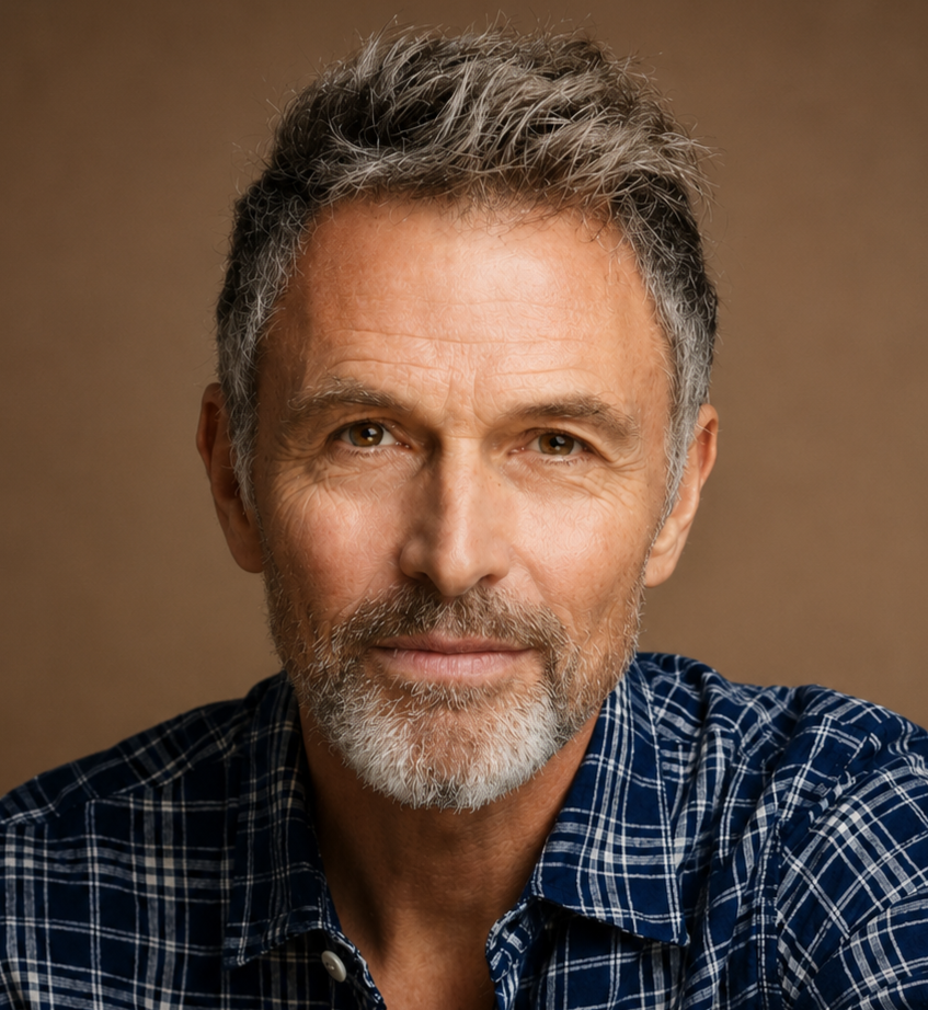 Close-up portrait of a middle-aged man with salt-and-pepper hair and beard, wearing a blue plaid shirt, against a plain brown background.