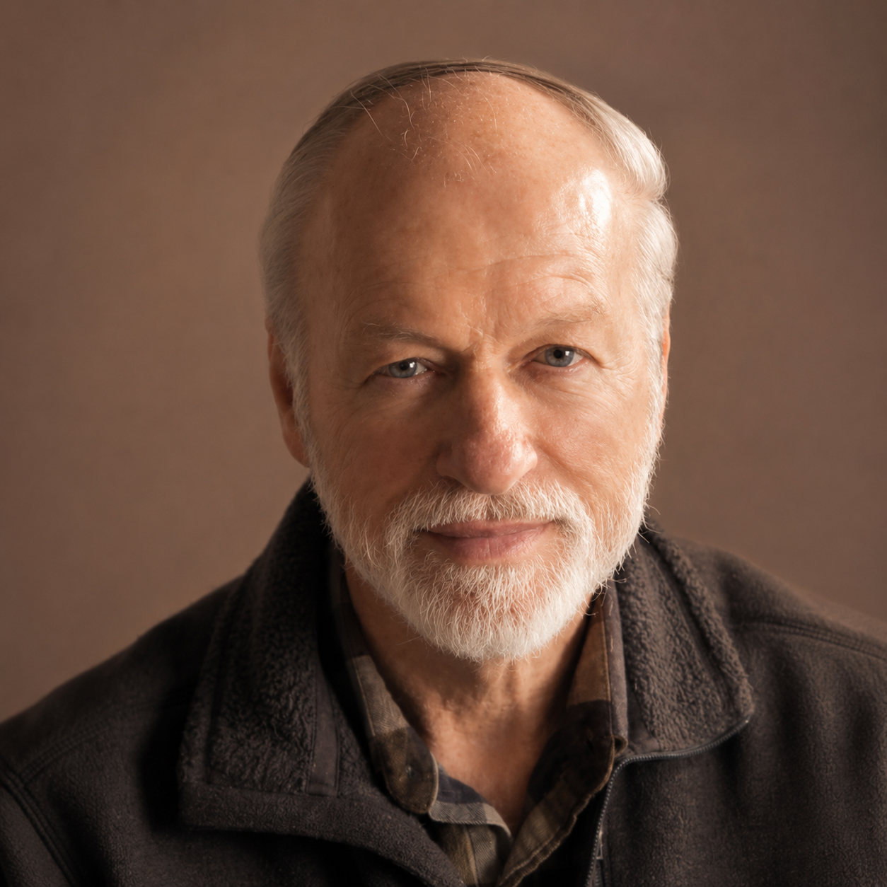 Close-up portrait of an older man with gray hair, beard, and blue eyes, wearing a dark jacket and a checked shirt, against a plain background.