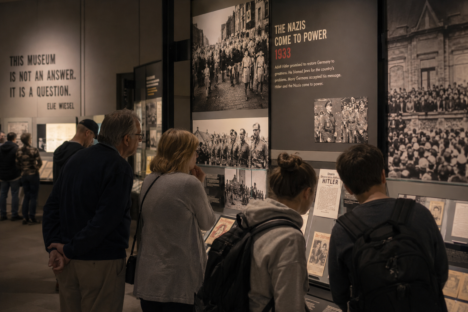 Visitors observing a museum exhibit with black and white photographs and information about the rise of the Nazis in 1933.
