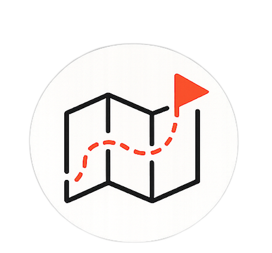 Icon of a folded map with a red flag indicating a specific location and a dashed path marked on the map.
