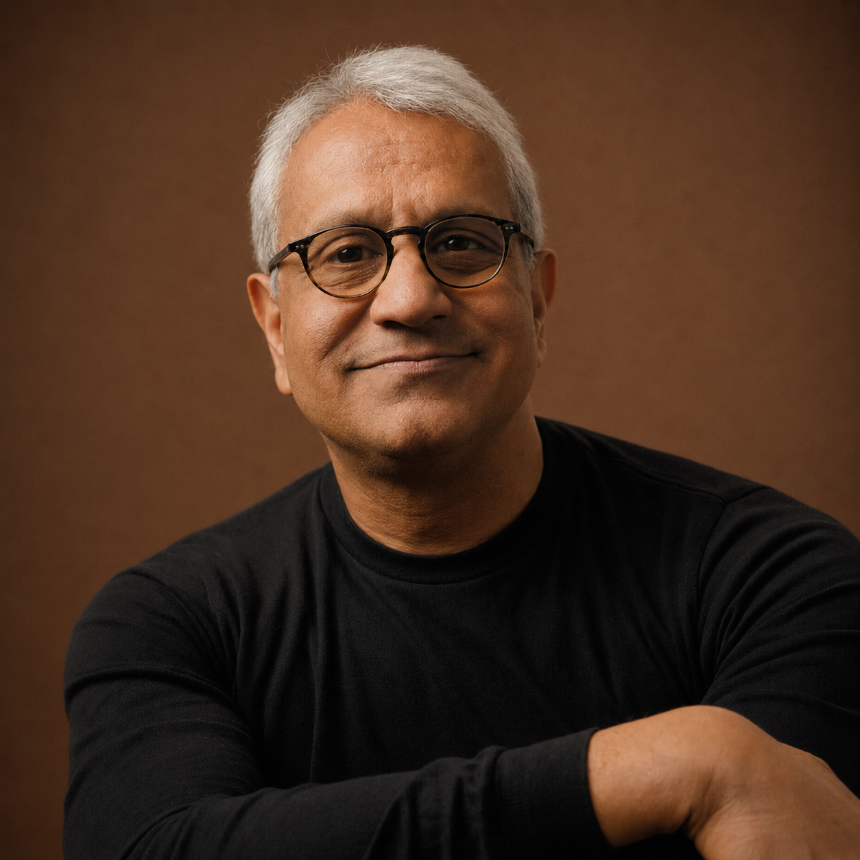 A middle-aged man with white hair and glasses, wearing a black long-sleeve shirt, smiling with arms crossed against a brown background.