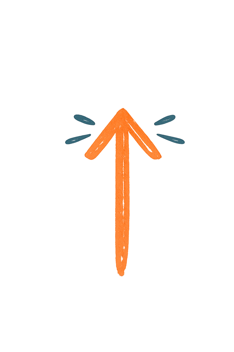 An orange arrow pointing upward, with four small dark blue oval-shaped objects around it, appears to be floating above a stylized orange rectangular block.